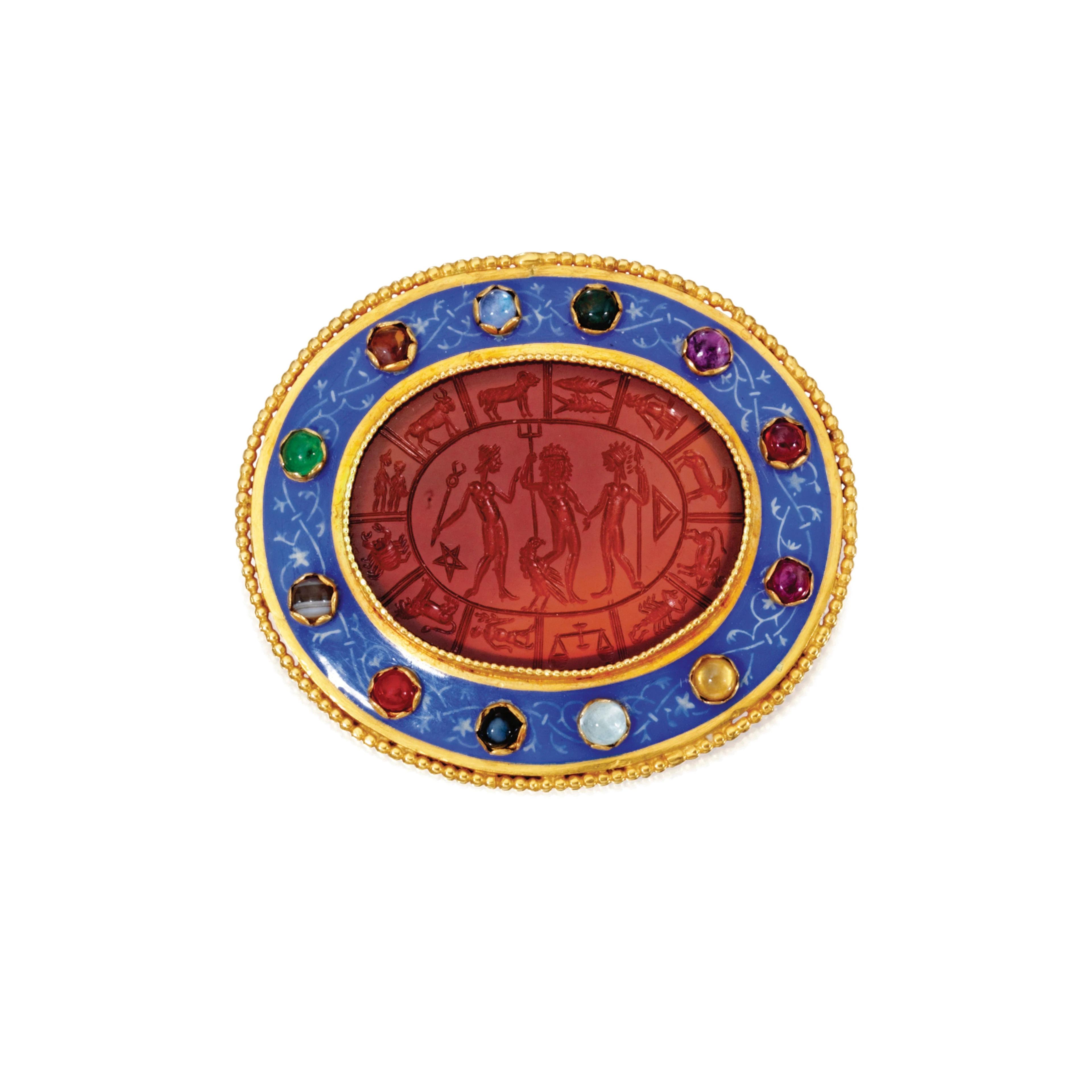 Gold, Carnelian Intaglio, Colored Stone and Enamel Brooch