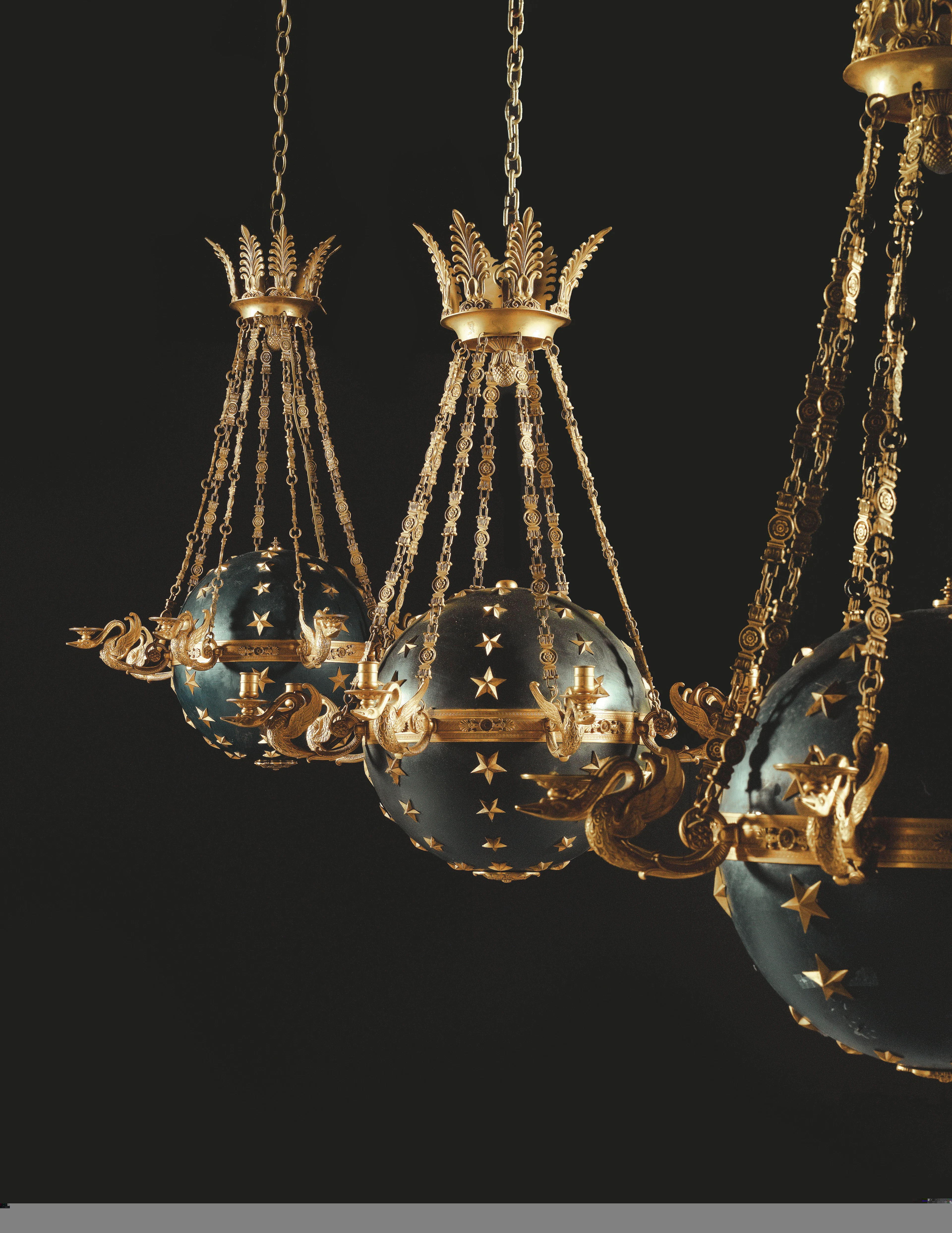 Three gilt-bronze and green painted tôle Chandeliers