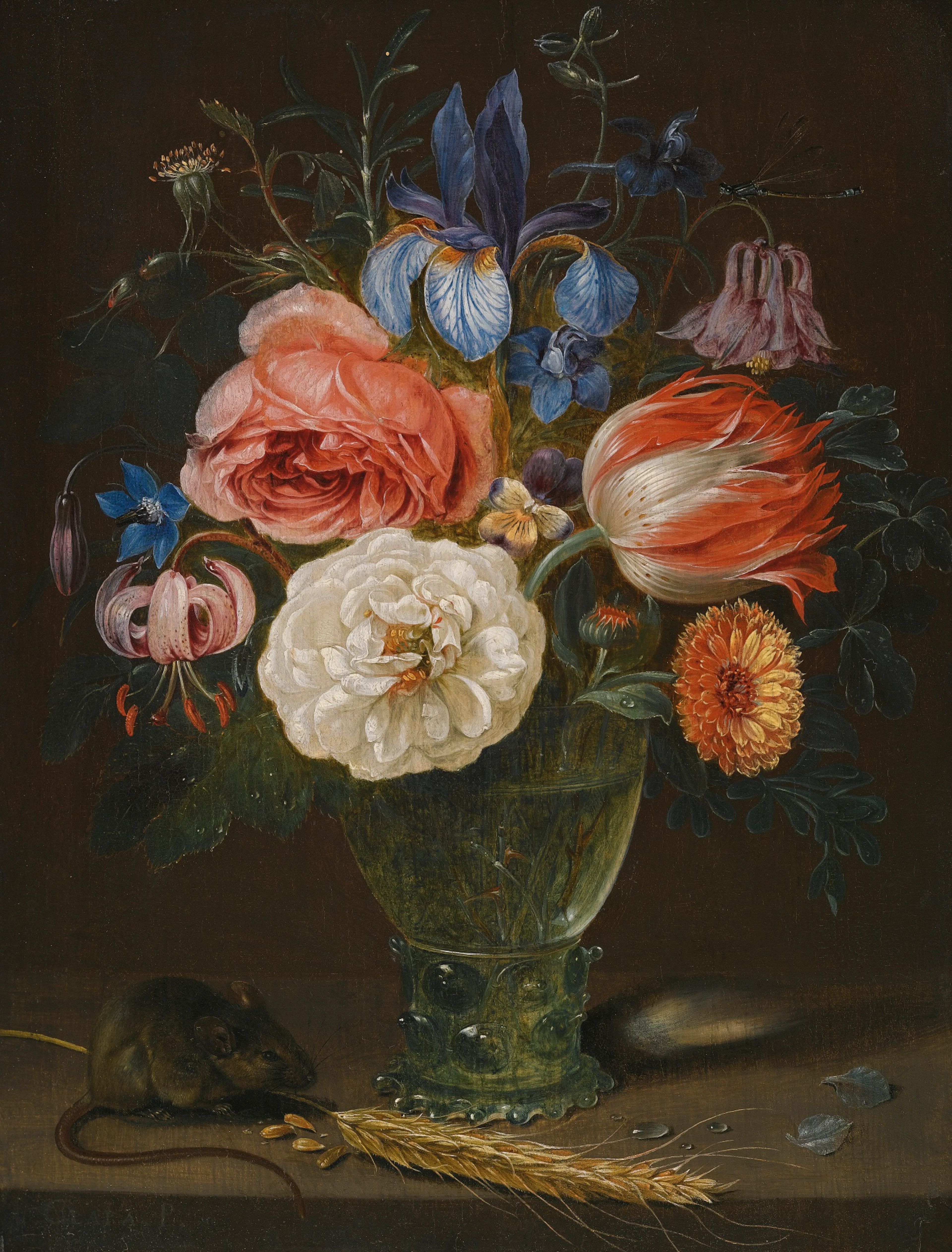 A still life of flowers in a roemer with a field mouse and an ear of wheat