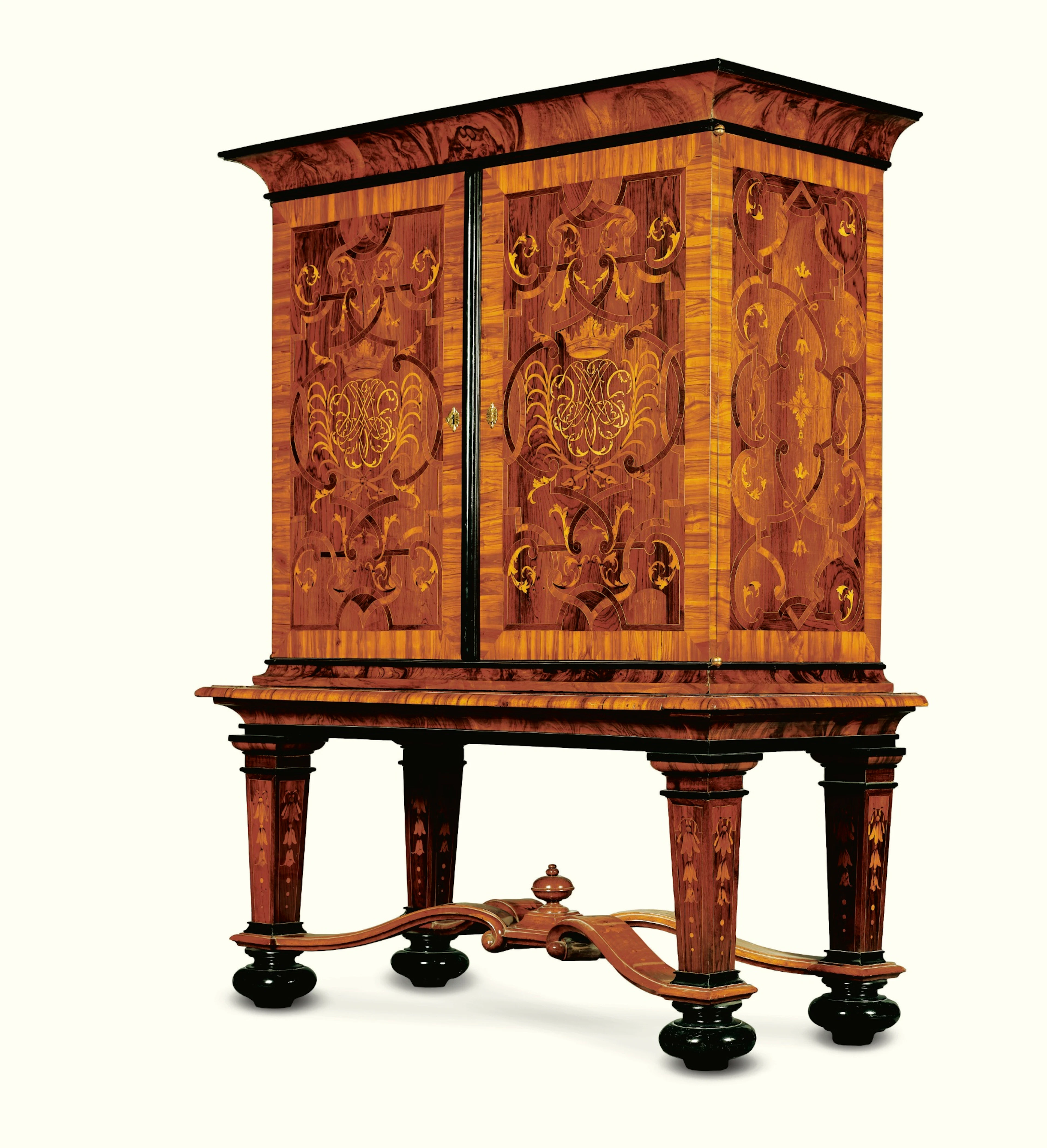 A german walnut, fruitwood and ebonised, engraved gilt-brass-mounted
