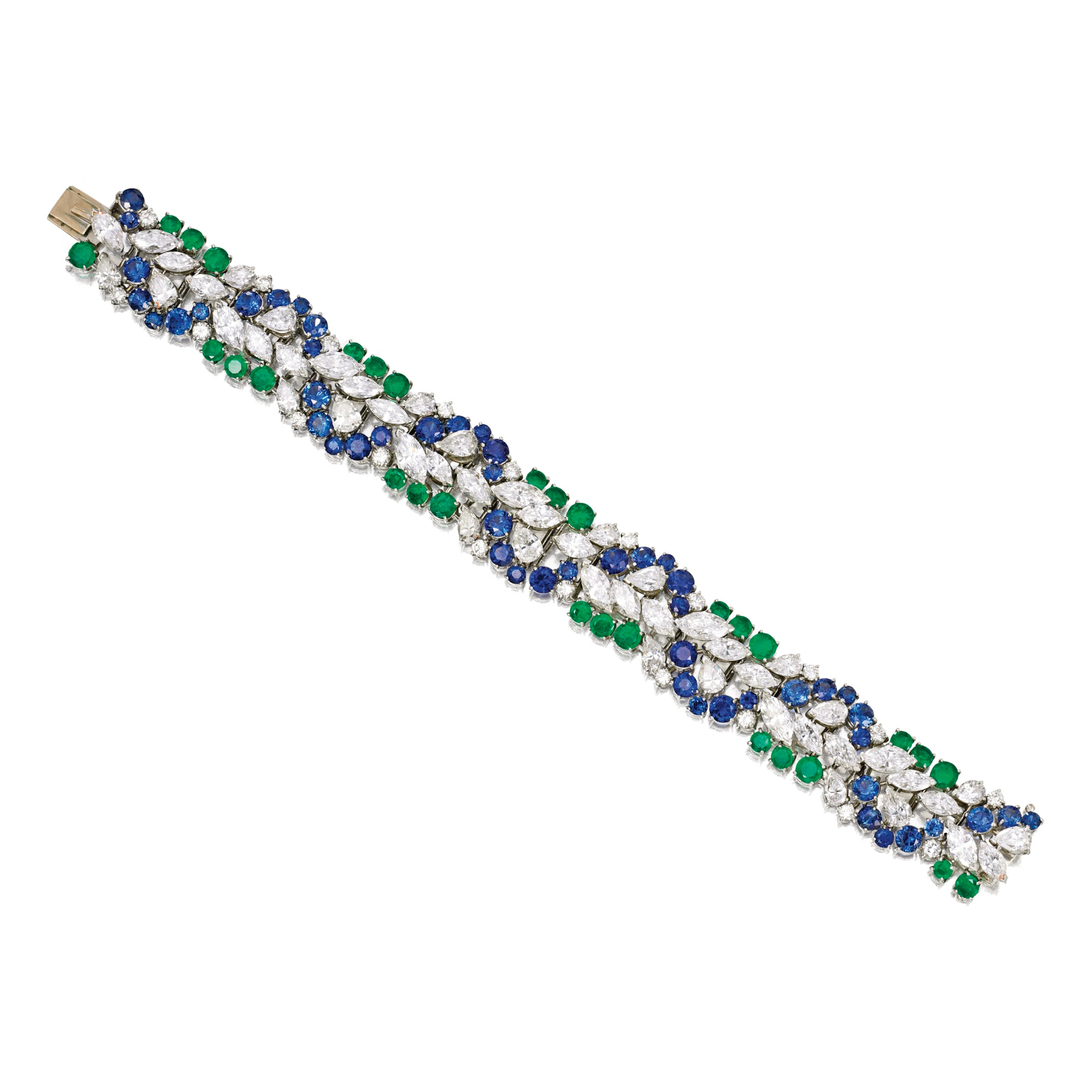 A platinum, diamond, emerald and sapphire bracelet, cartier, circa 1970