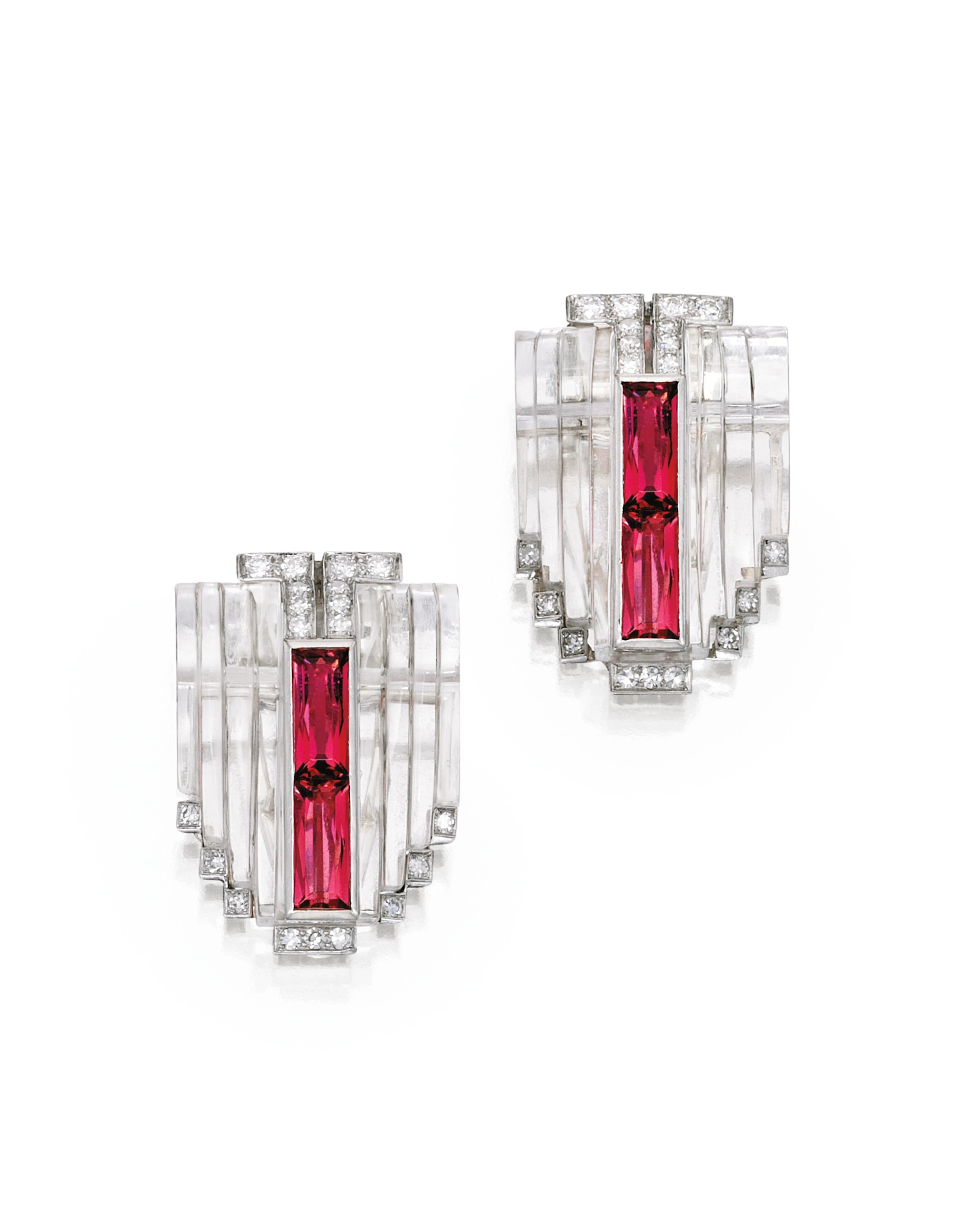 Pair of platinum, rock crystal, pink tourmaline and diamond clips