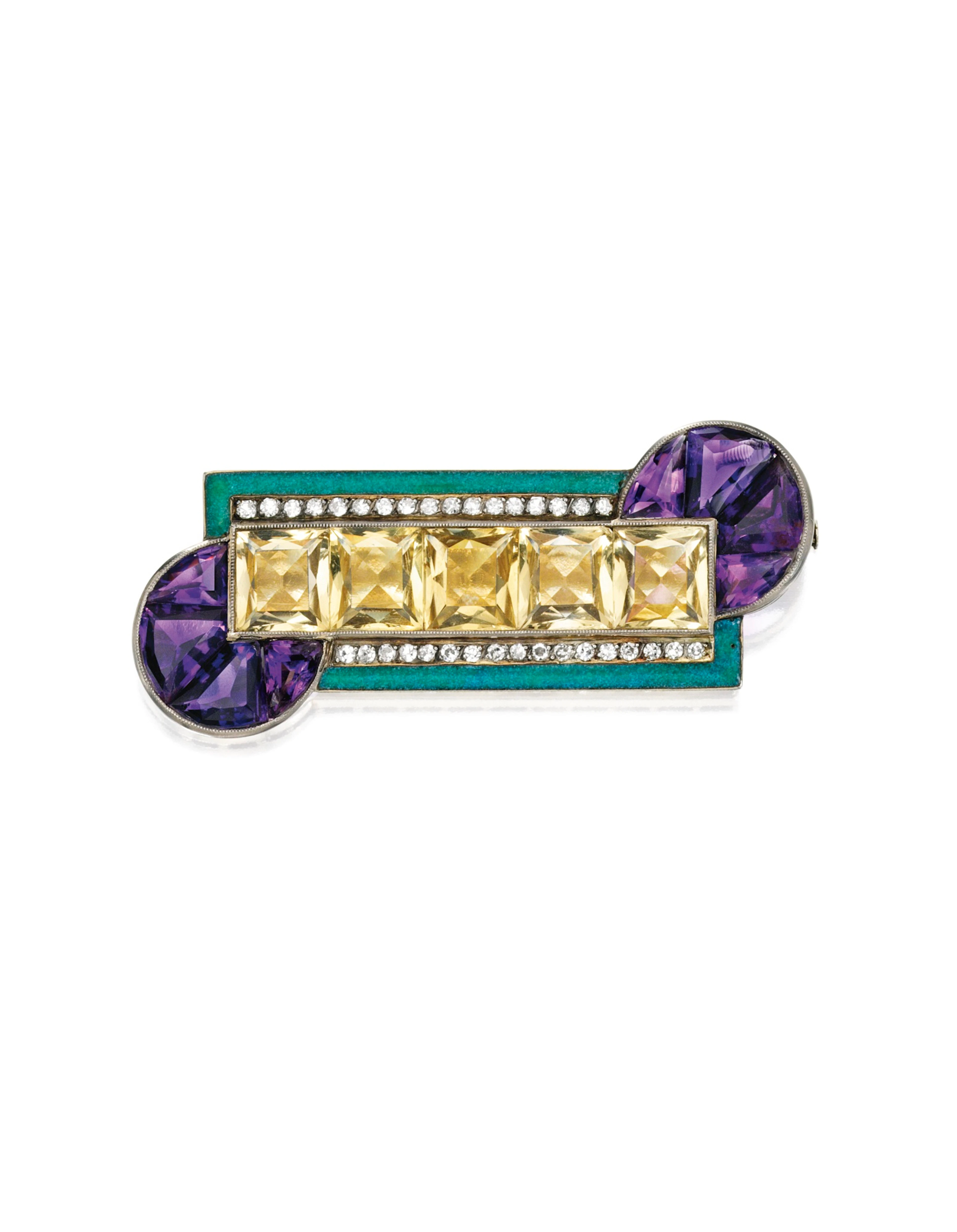 White gold, citrine, amethyst, diamond and enamel brooch, attributed