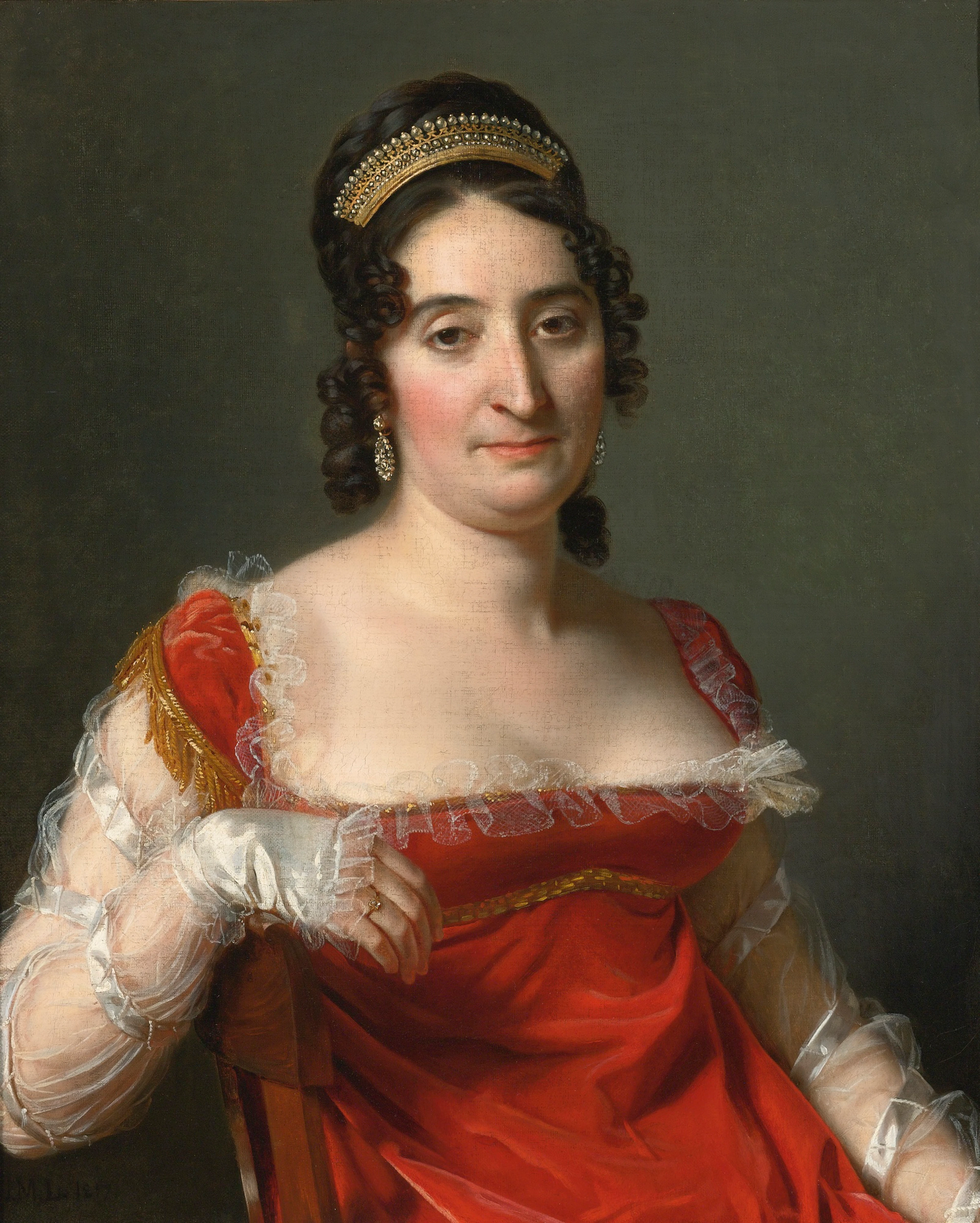 Portrait of a lady, half-length seated, dressed in a red dress with