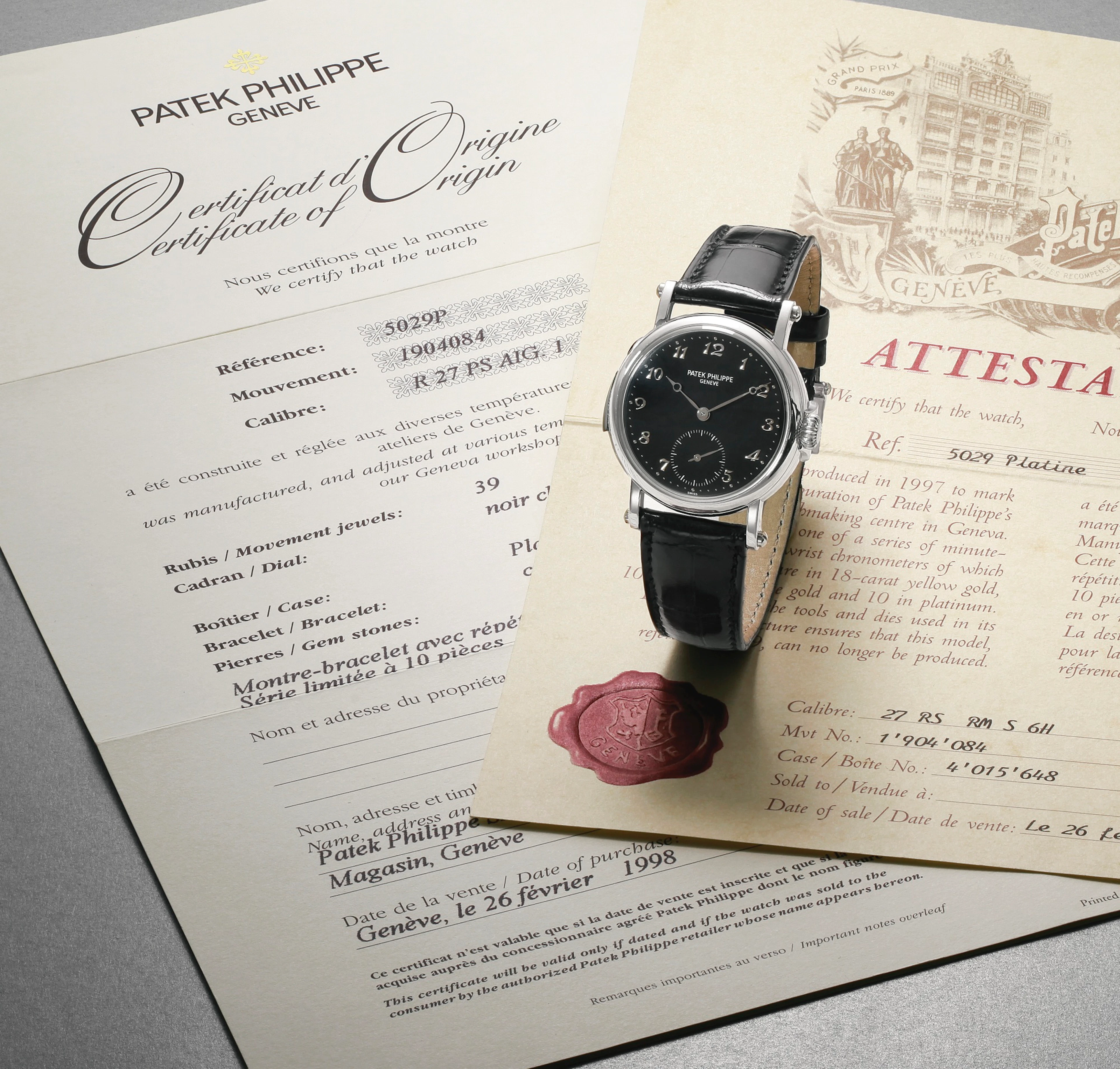 A VERY FINE AND RARE LIMITED EDITION PLATINUM AUTOMATIC MINUTE REPEATING HINGED WRISTWATCH  REF 5029P MVT 1904084 CASE 4015648 MADE IN 1997