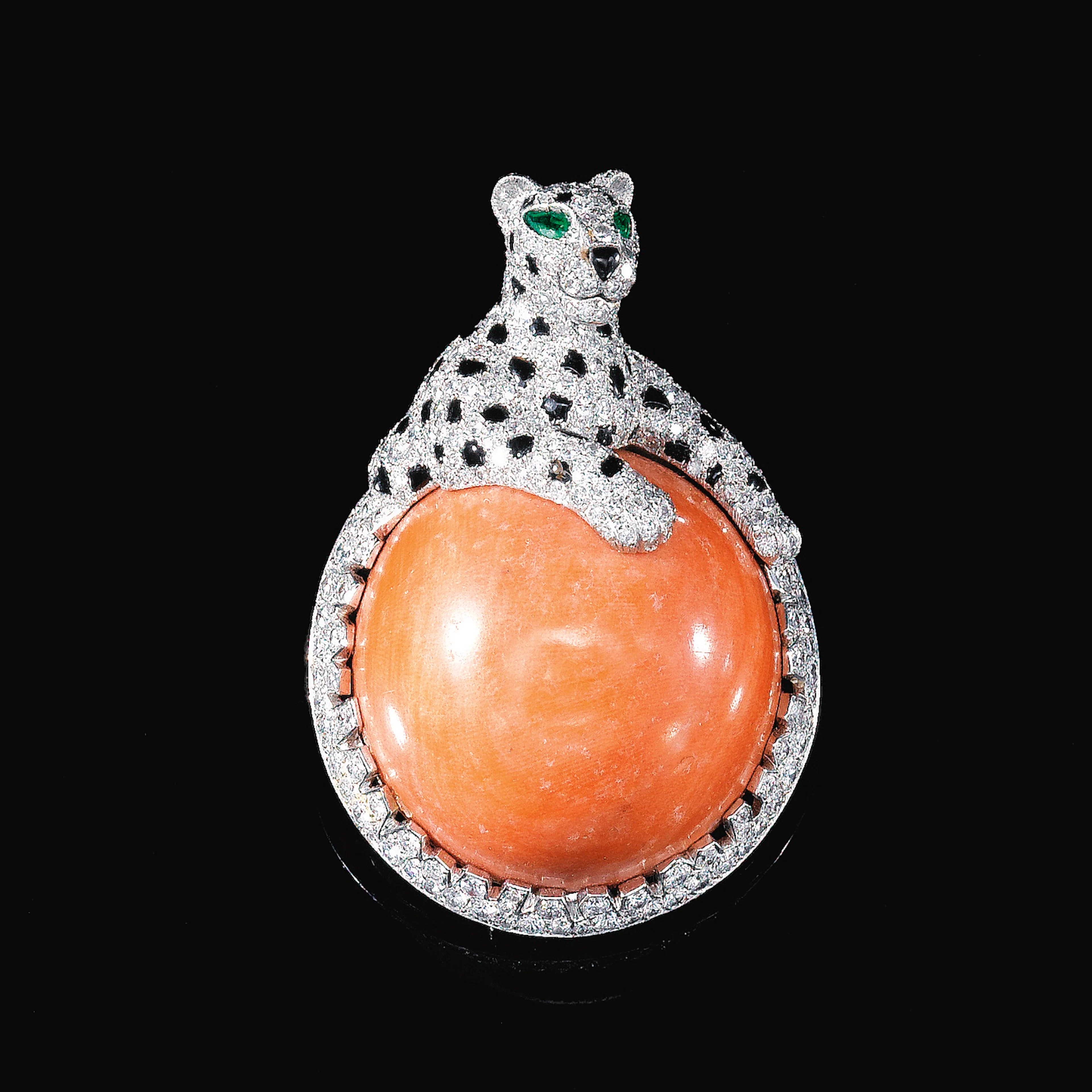 Coral, onyx, emerald and diamond brooch, 'panthère', cartier, paris, circa 1972