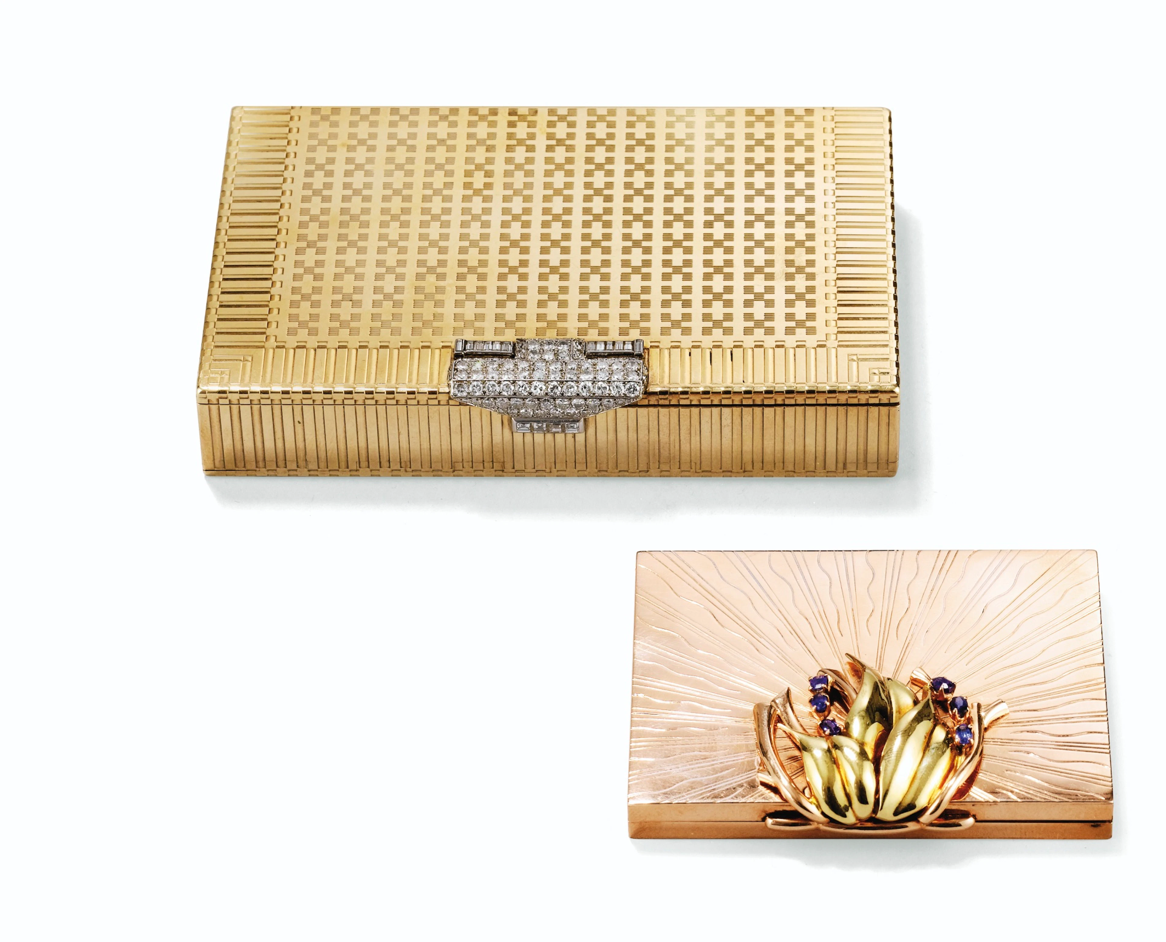 MINAUDIÈRE EN PIERRES PRÉCIEUSES ET OR 9CTS, LONDRES, 1937, ET POUDRIER