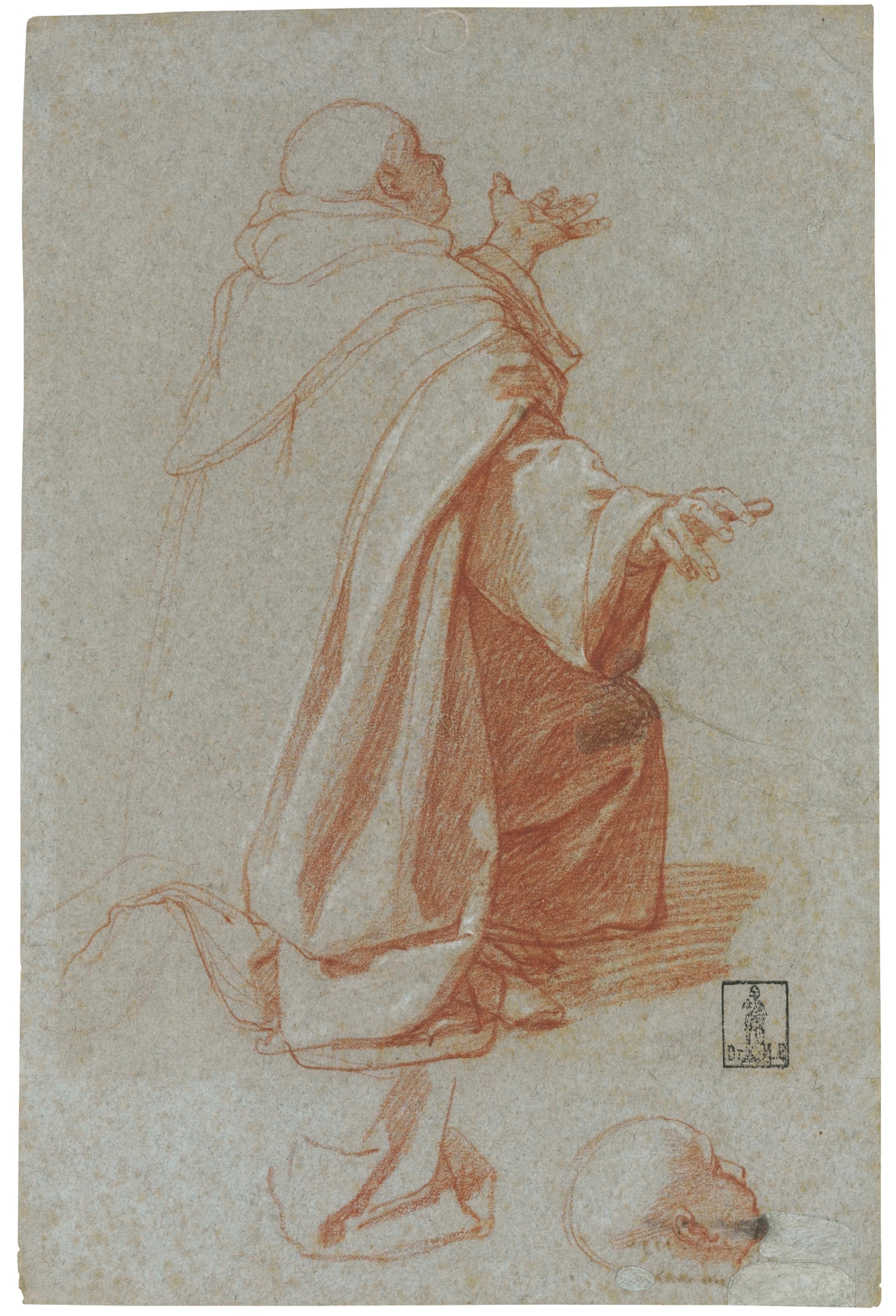 Recto: study of a kneeling monk and of his headVerso: study of a kneeling monk