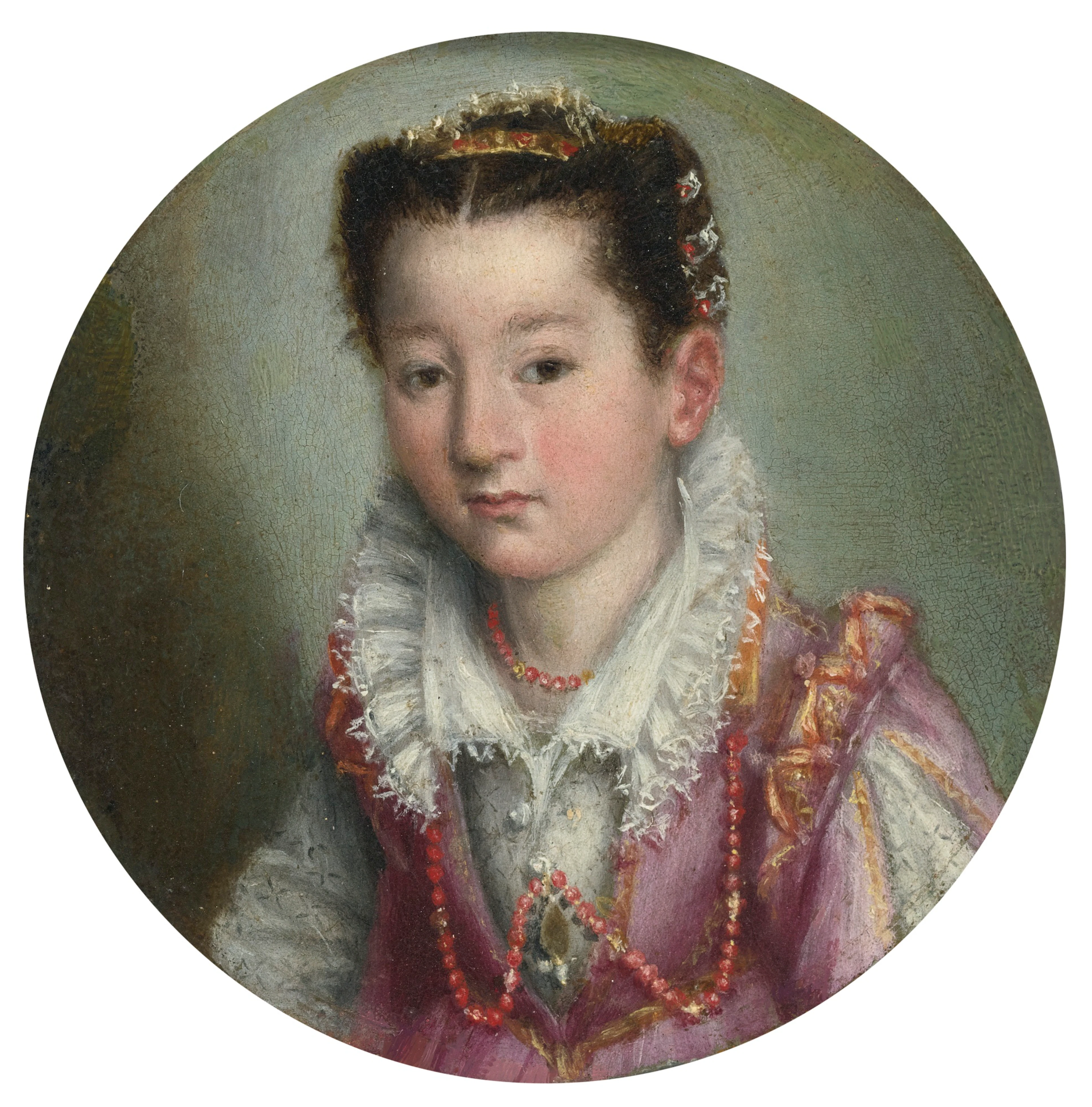 Portrait of a girl, in a pink embroidered dress, wearing a coral necklace