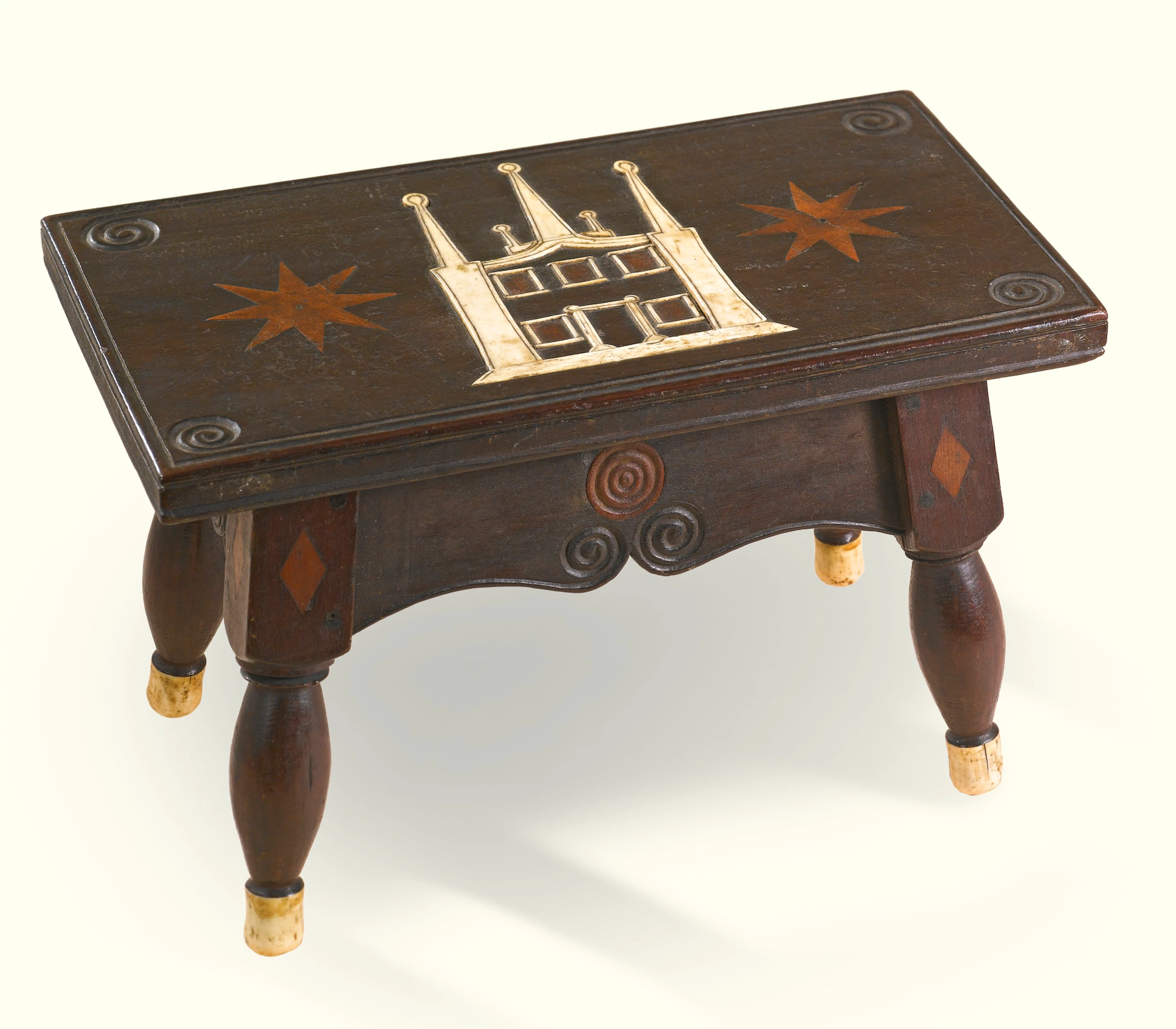 Rare mahogany and exotic wood footstool with scrimshaw decoration
