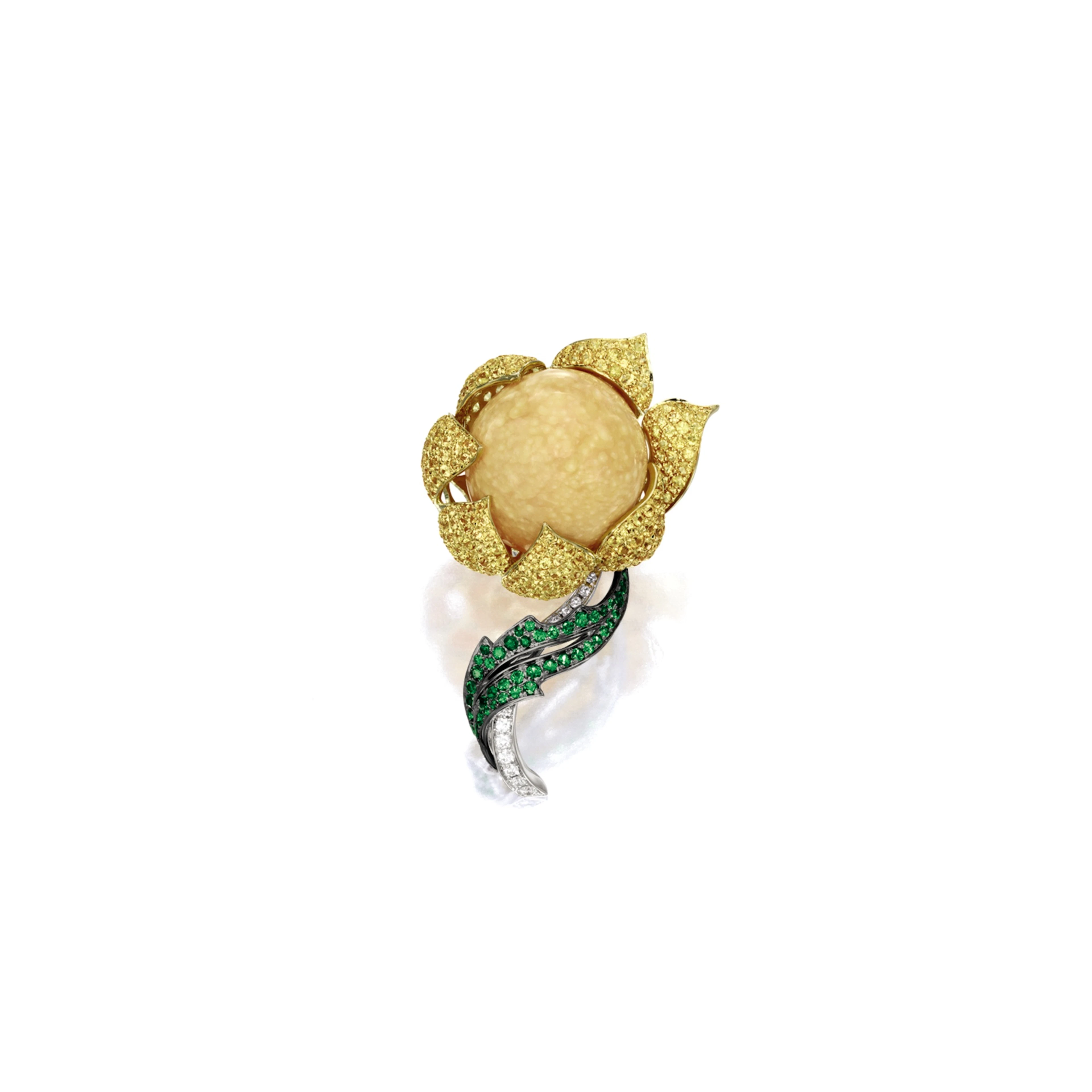 Melo-pearl, yellow sapphire, garnet and diamond 'flower' brooch