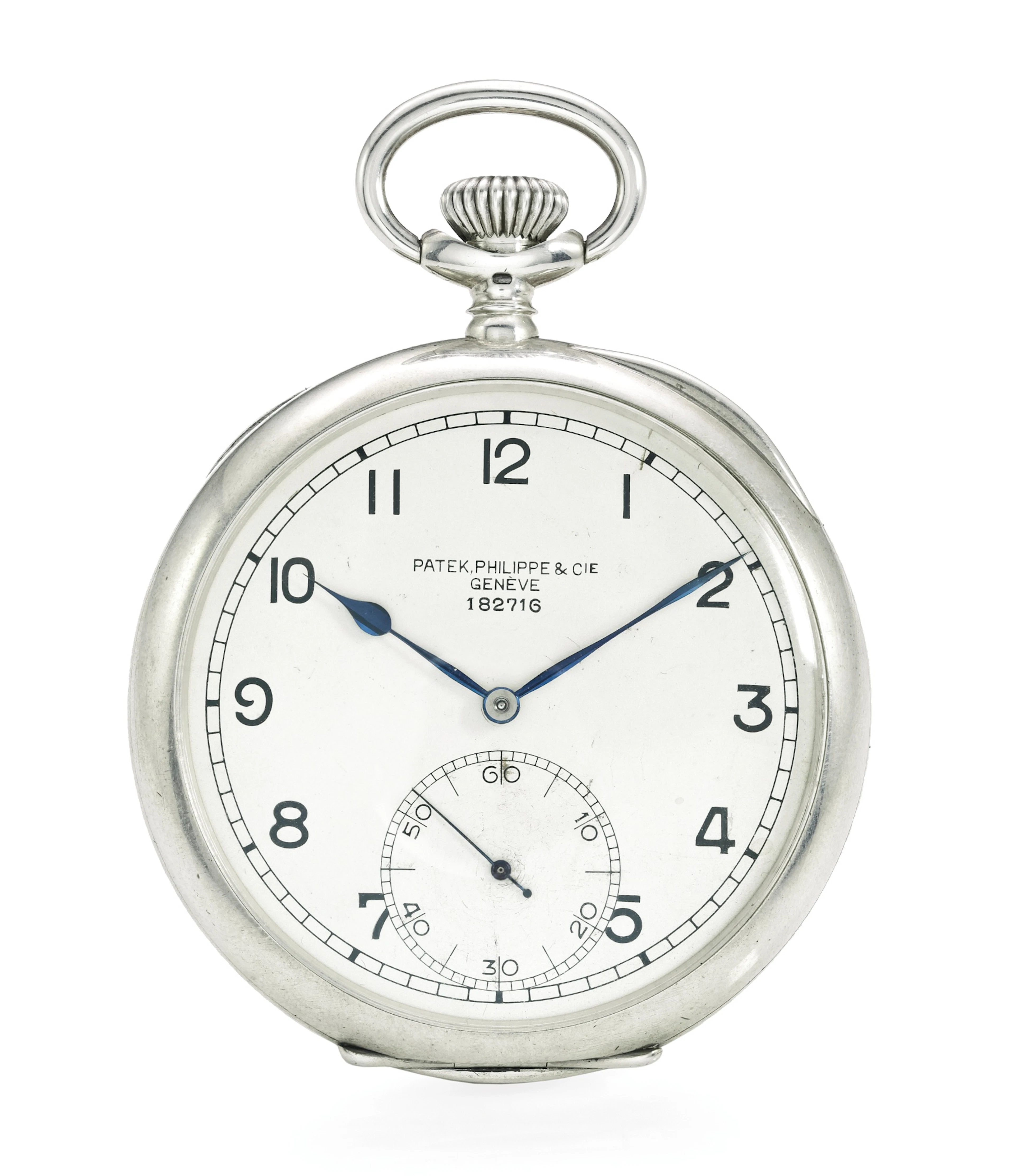 A silver open-faced keyless deck watch with guillaume balanceref 739