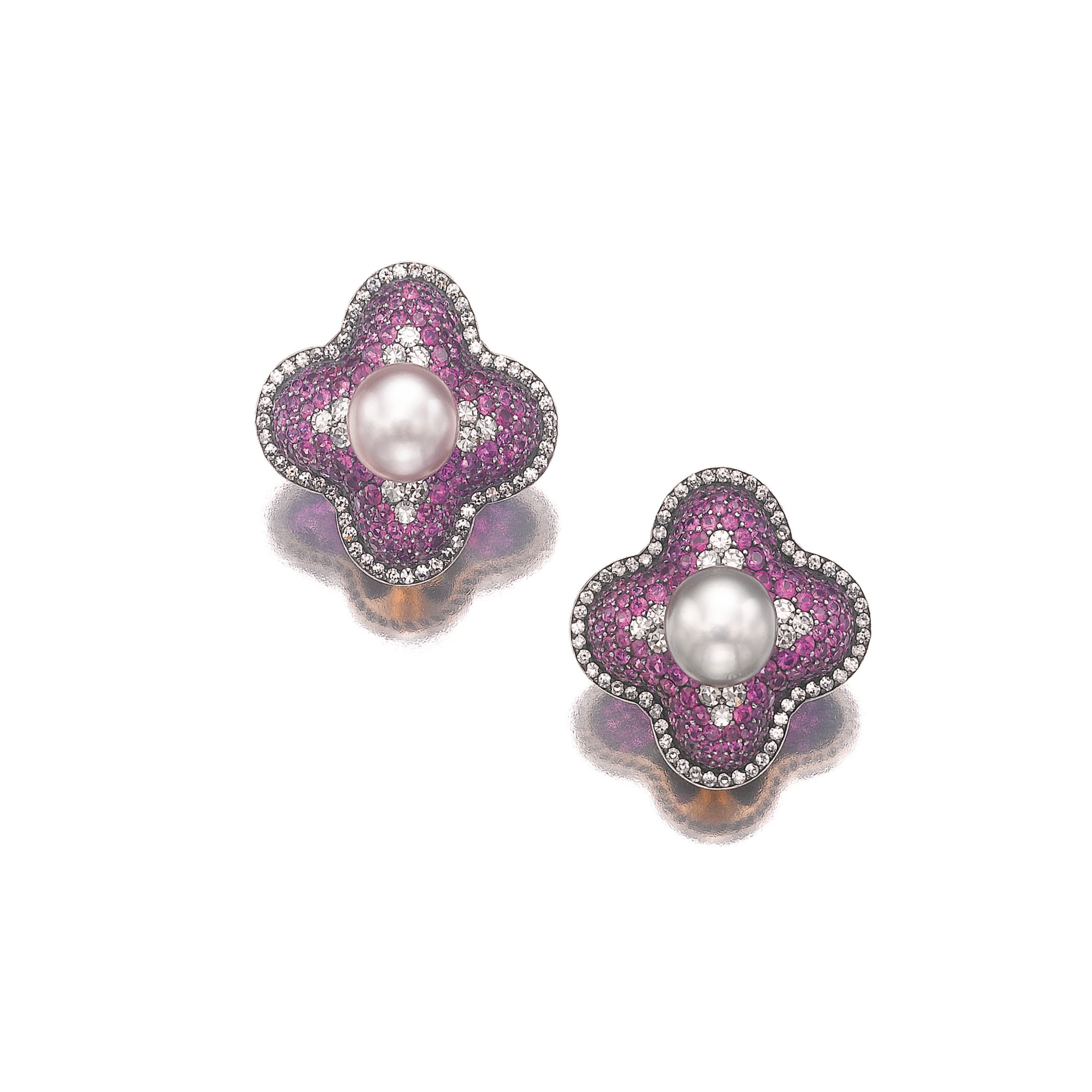Pair of very fine natural pearl, ruby and diamond earrings, jar