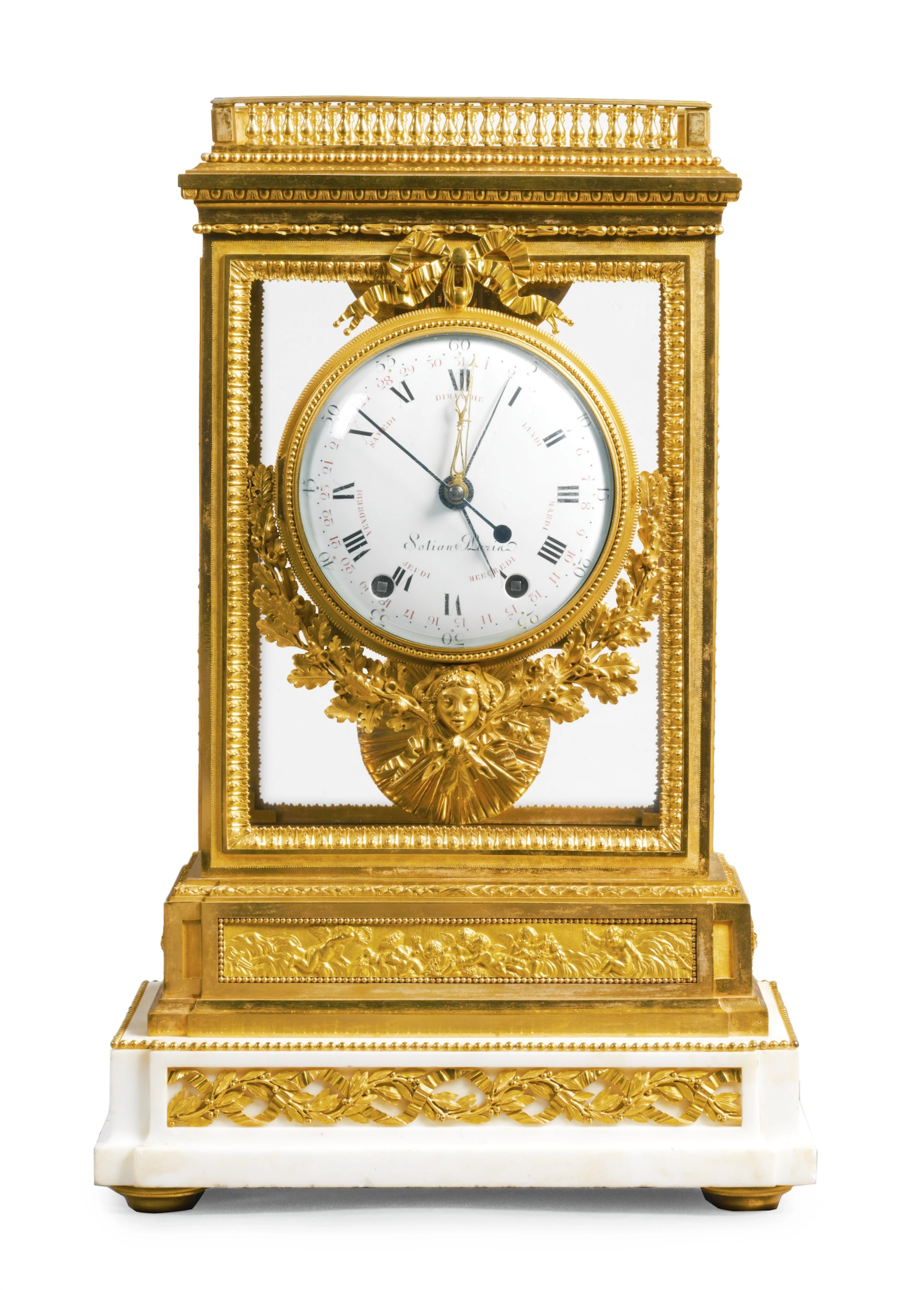 A Louis XVI white marble and ormolu mantel clock by Sotiau, Paris, circa 1785