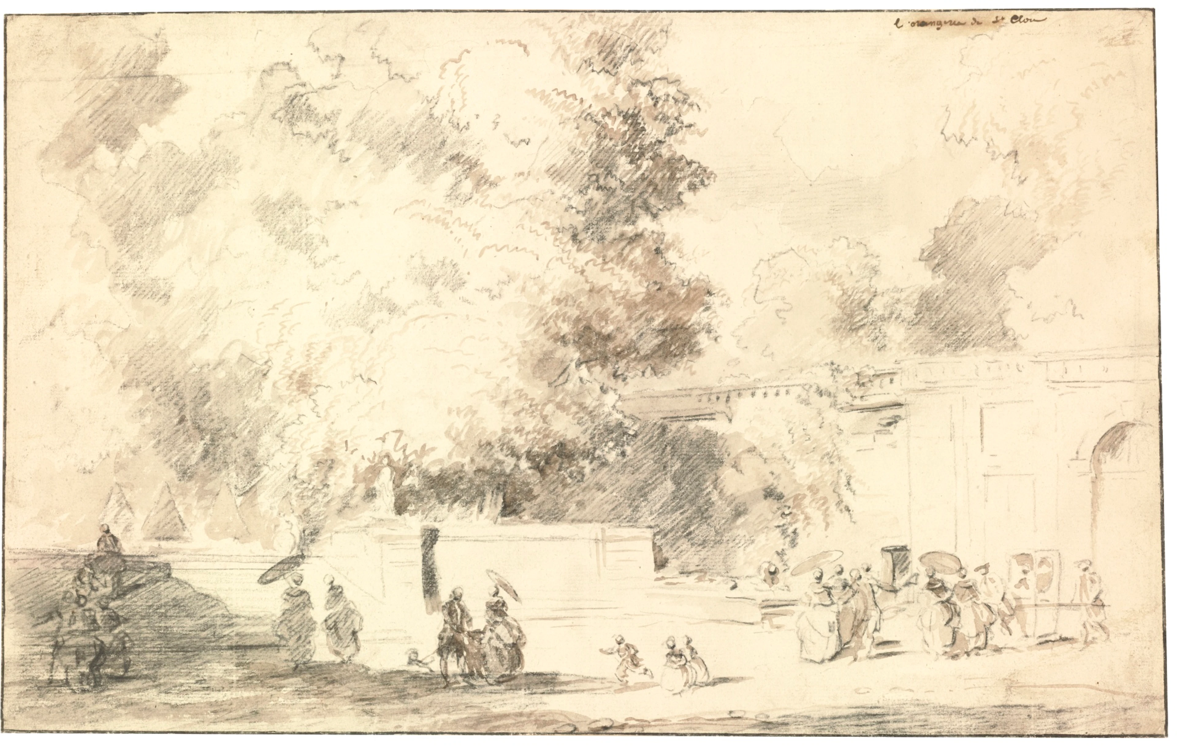 Elegant company standing outside the Orangery at the Château de Saint-Cloud