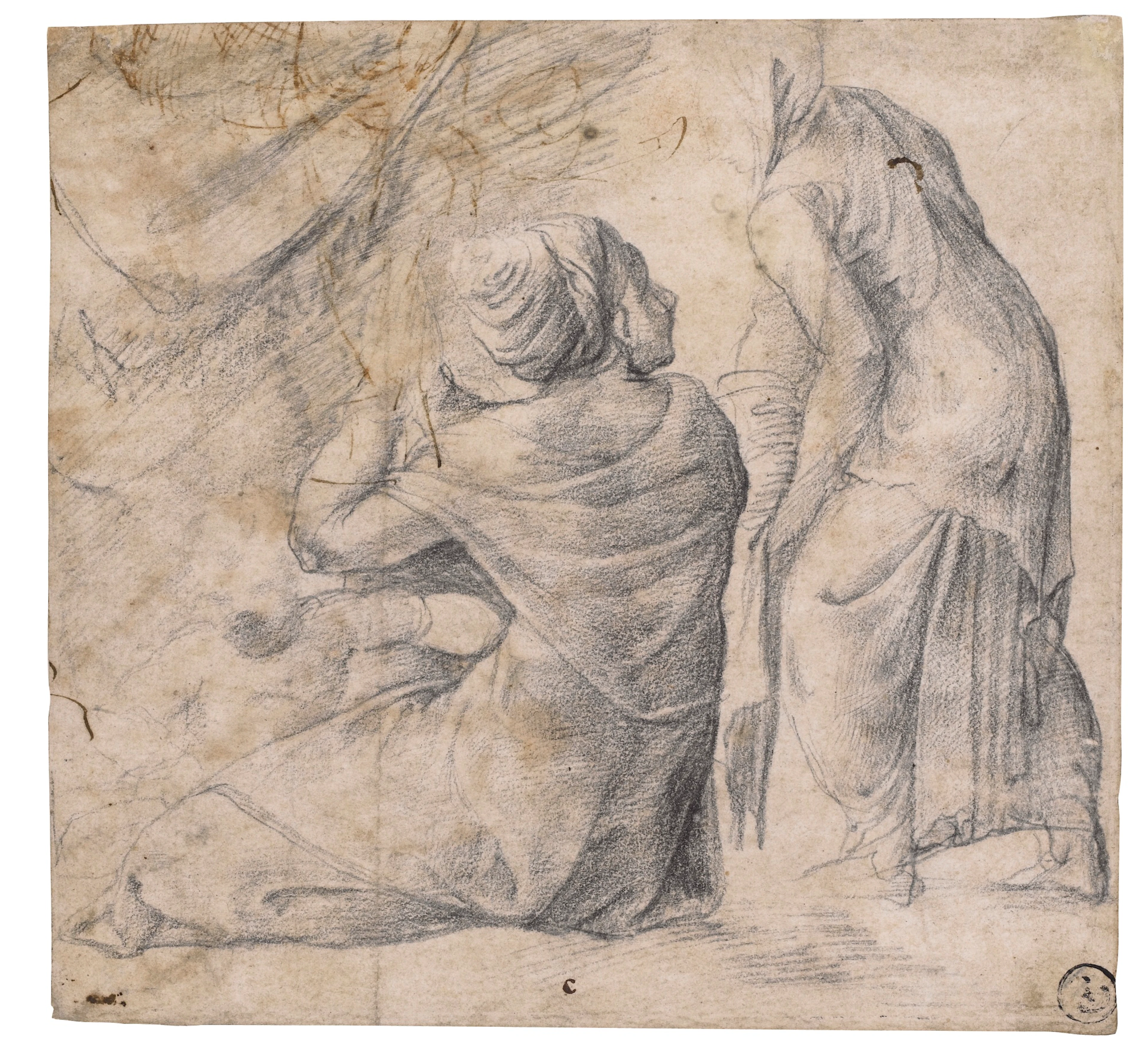 Two female figures, one standing and a young boy