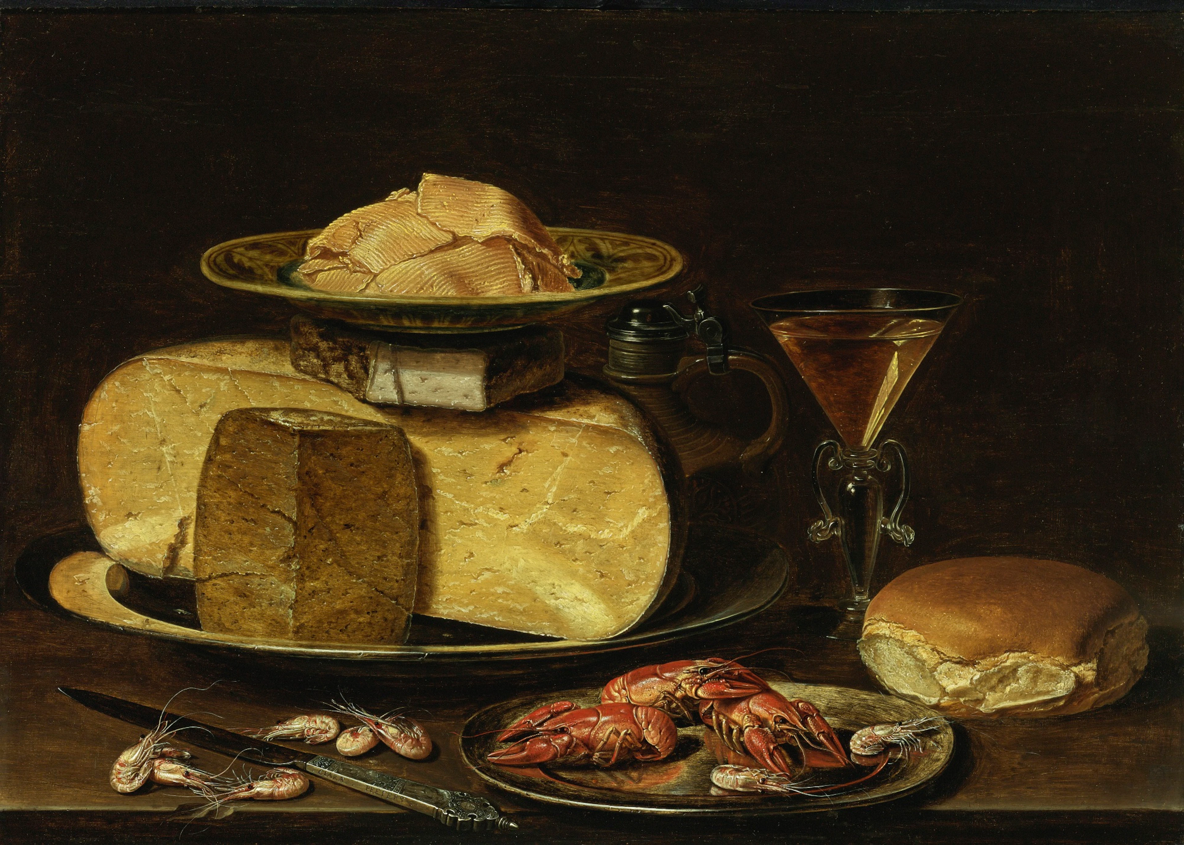 Slices of butter on a Wanli 'kraak' porcelain dish, a stack of cheese