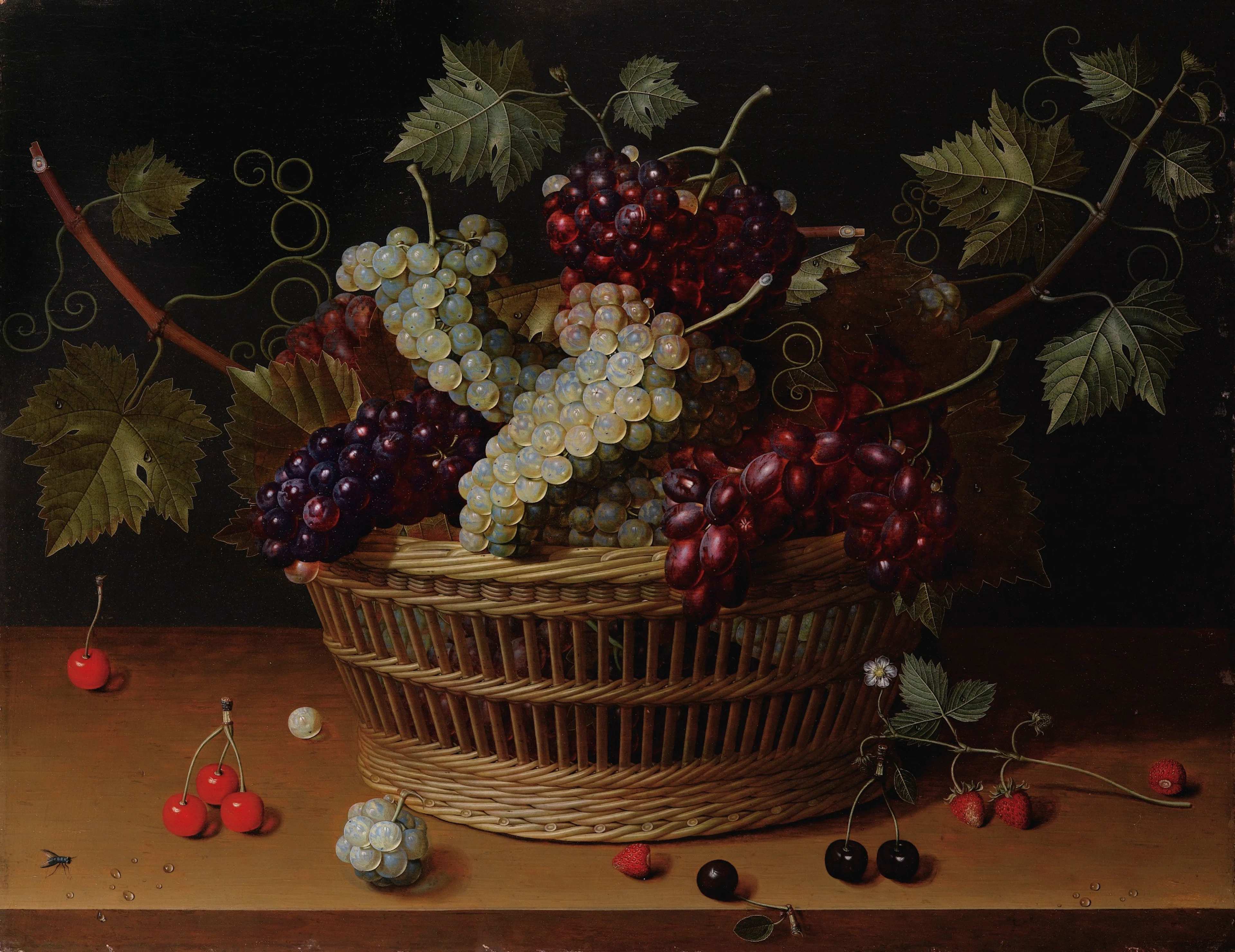 Nature morte à la corbeille de raisins, cerises et branche de fraisier