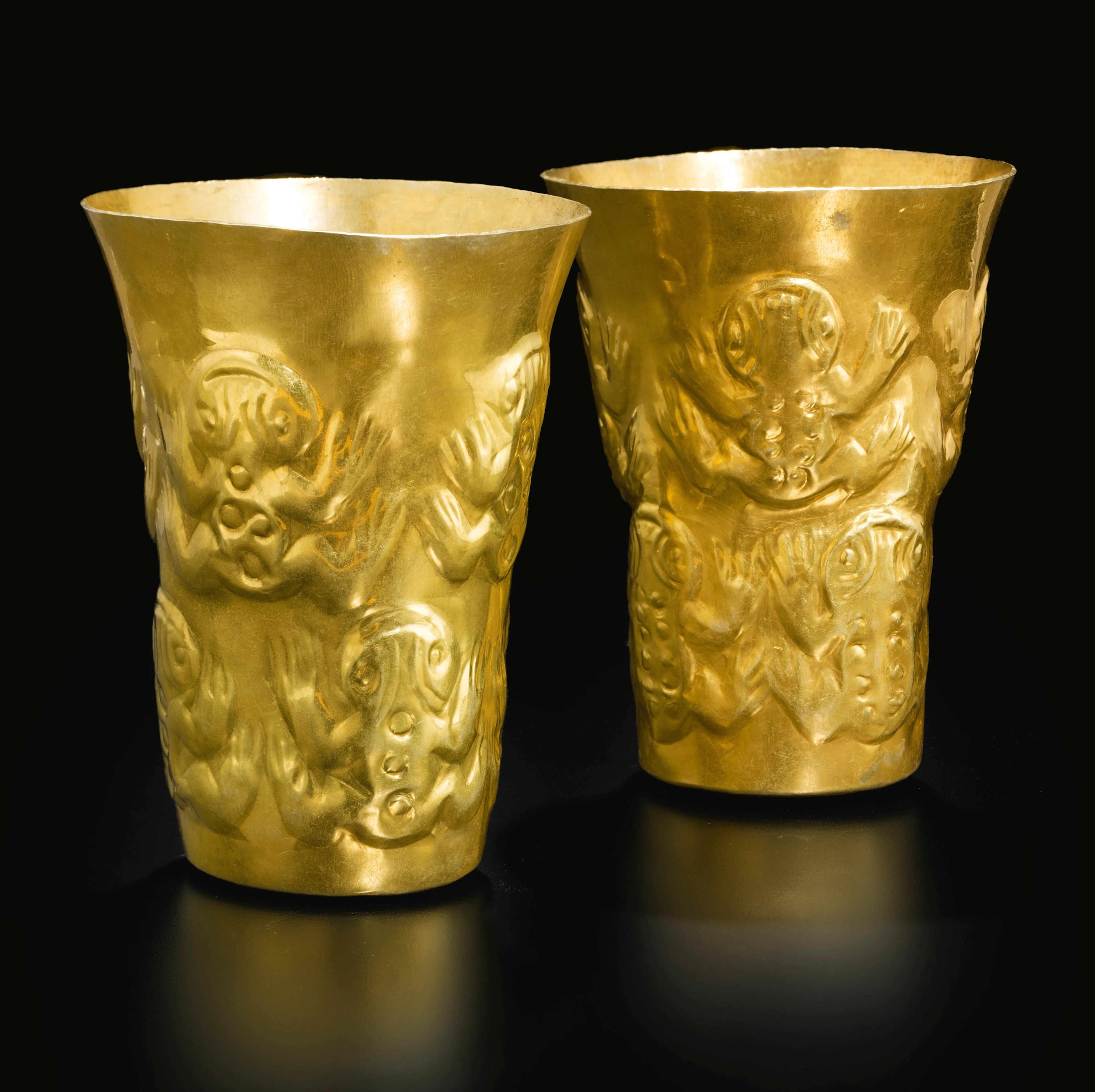 Pair of sicán gold beakers of frogs ca. a.d. 900-1100