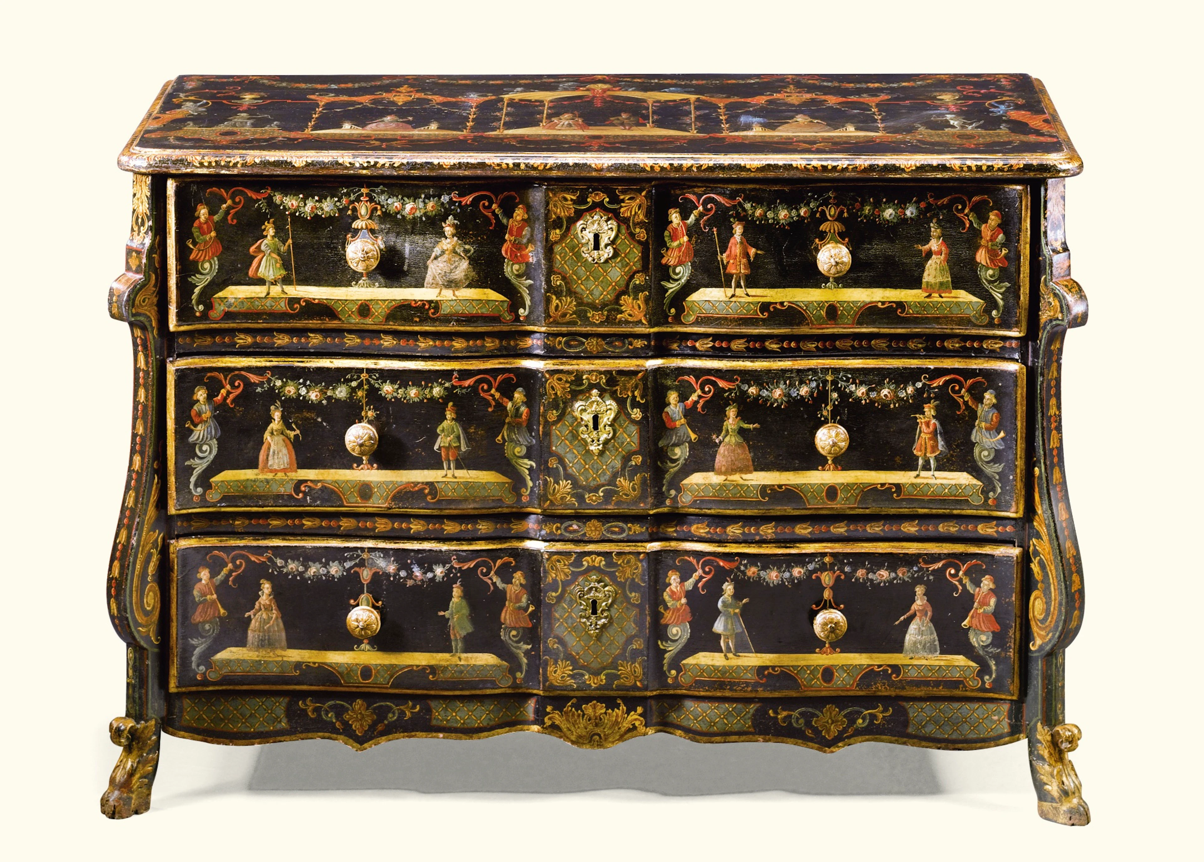 A polychrome vernis martin commode, régence, circa 1720