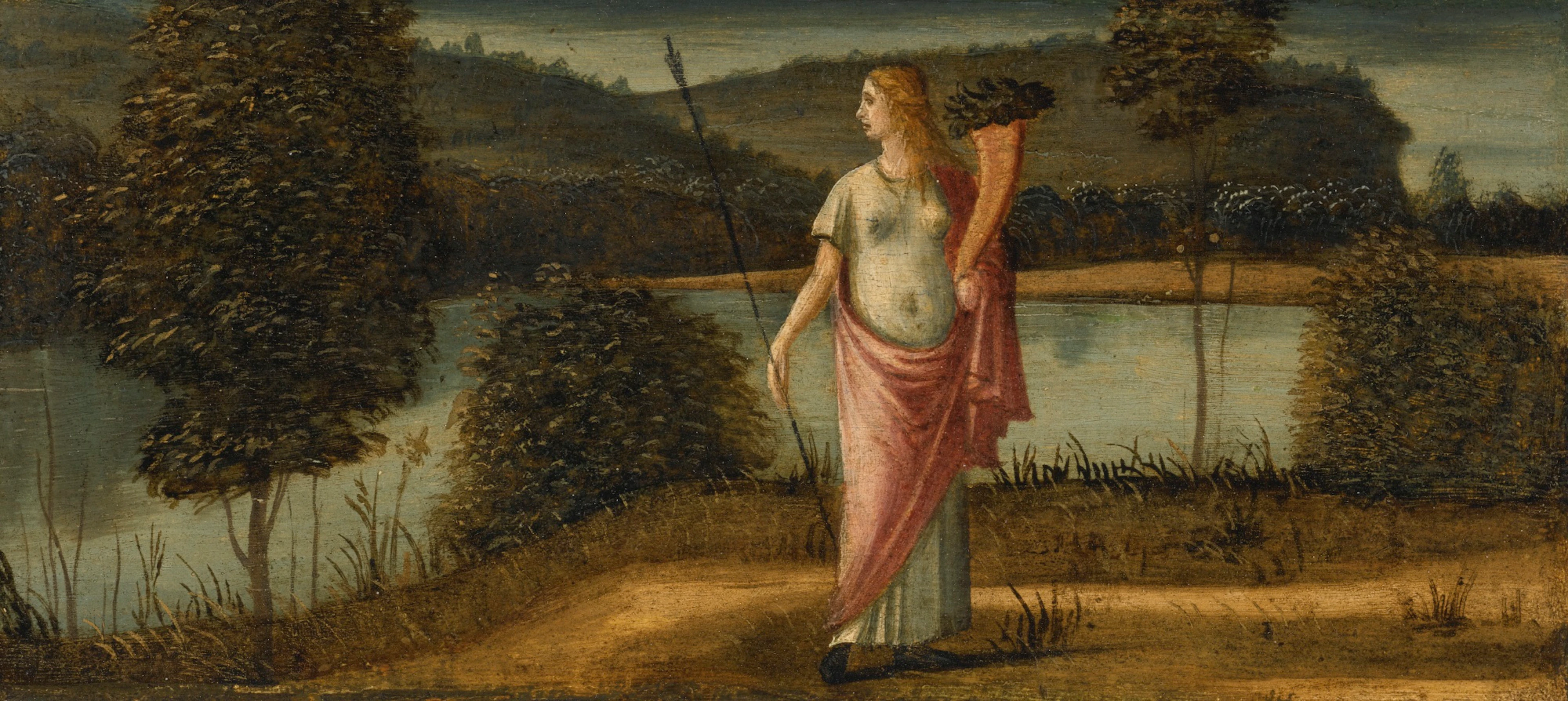 Allegorical figure of a woman in a landscape holding a spear and a