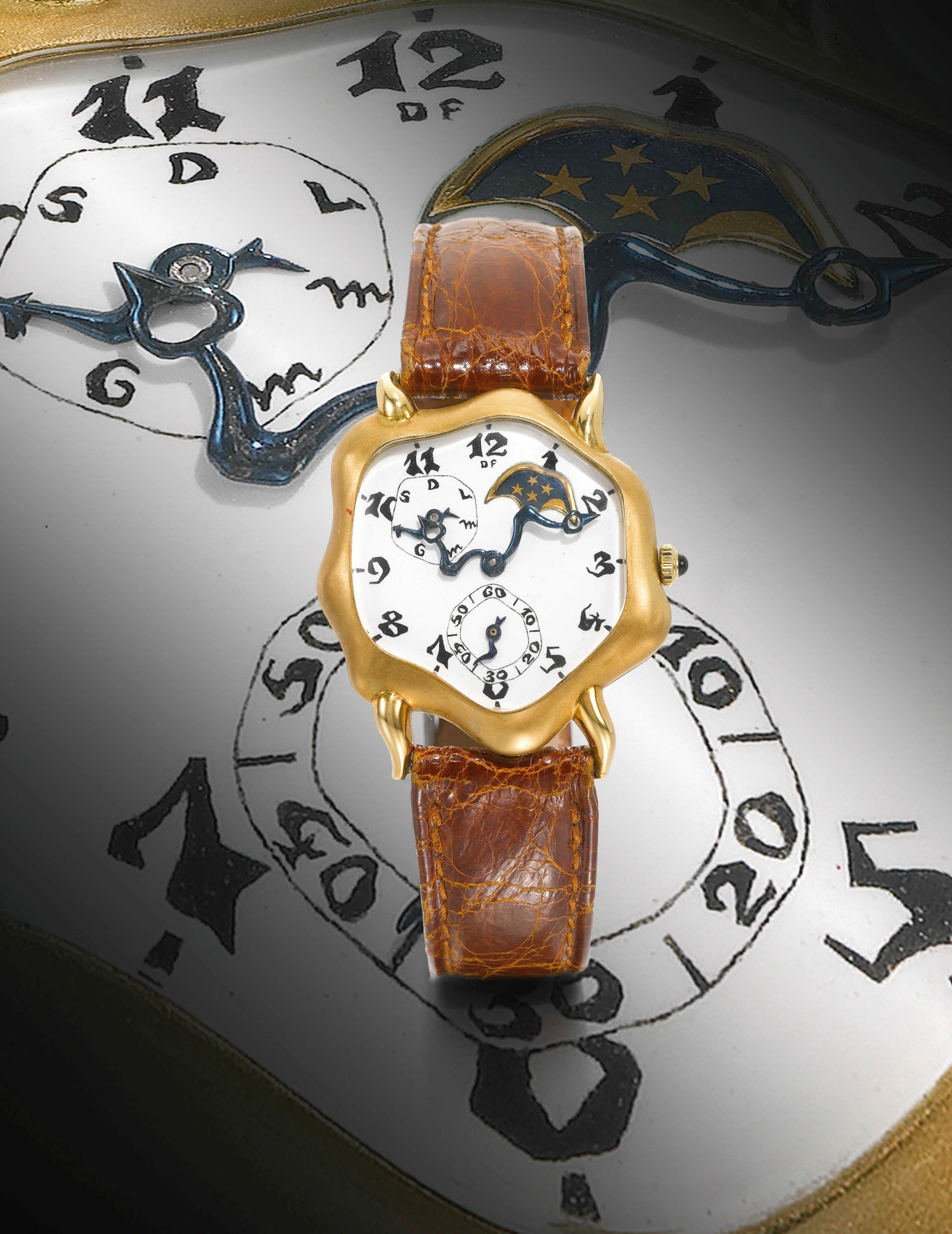 A fine and rare yellow gold asymmetrical wristwatch with day and moon-phasescirc