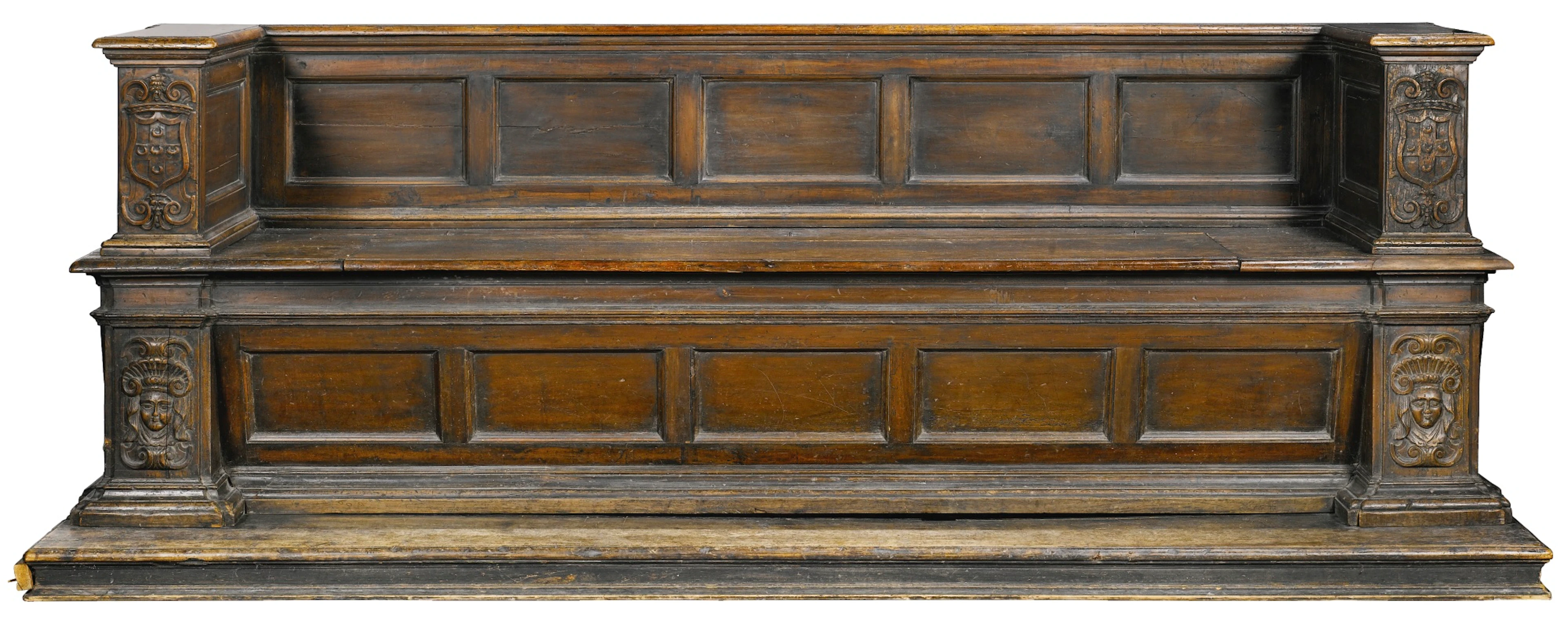 An italian carved walnut cassapanca, tuscan mid 16th century