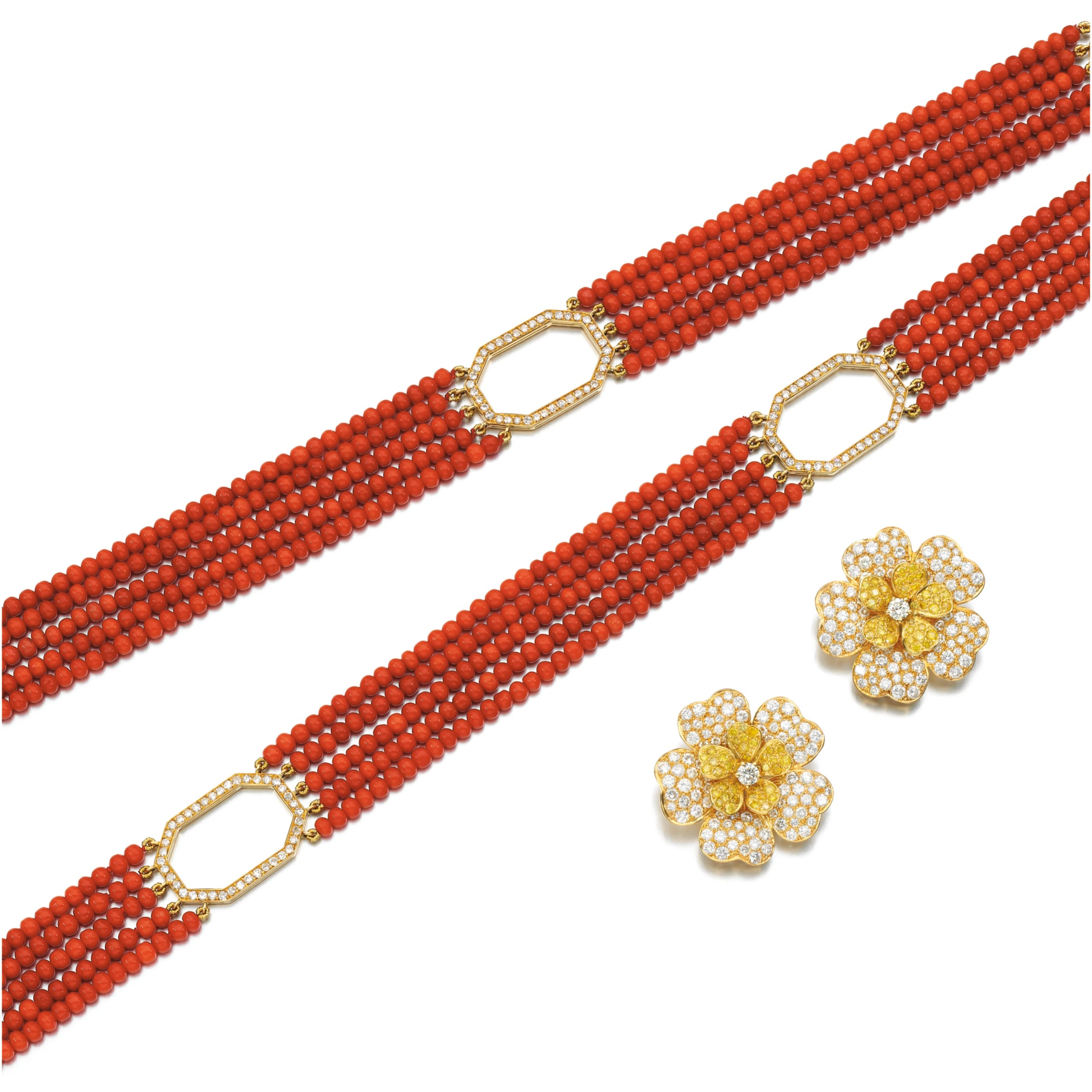 Coral and diamond necklace, fürst, and a pair of diamond ear clips