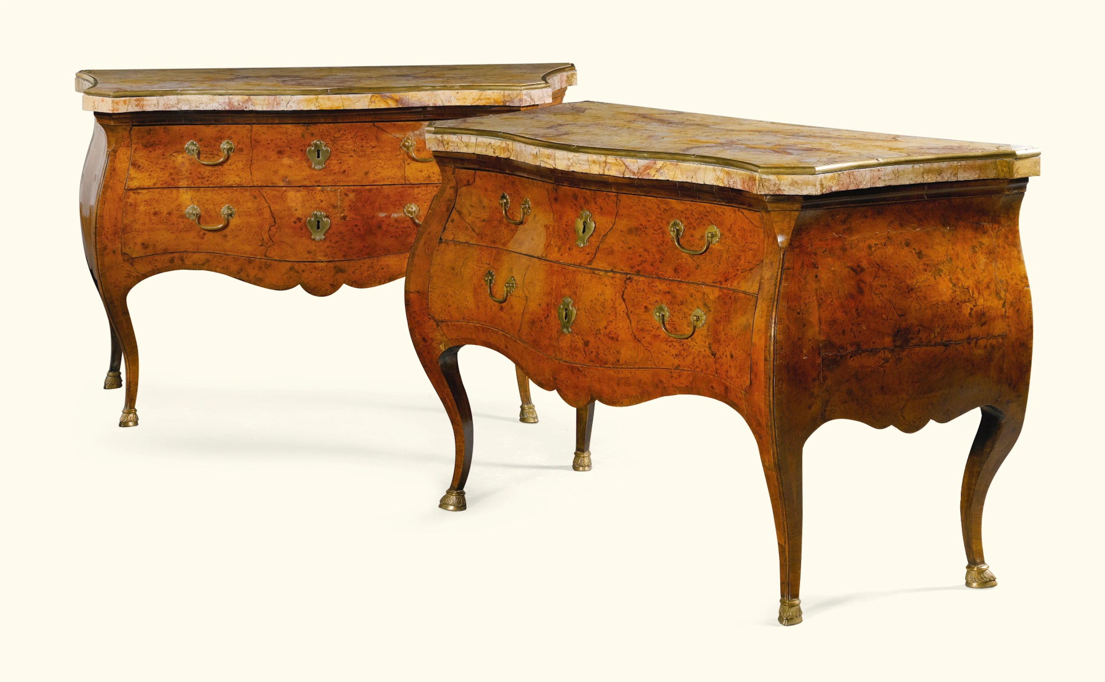 A pair of italian burr elm commodes, emilian, probably parma, circa 1760