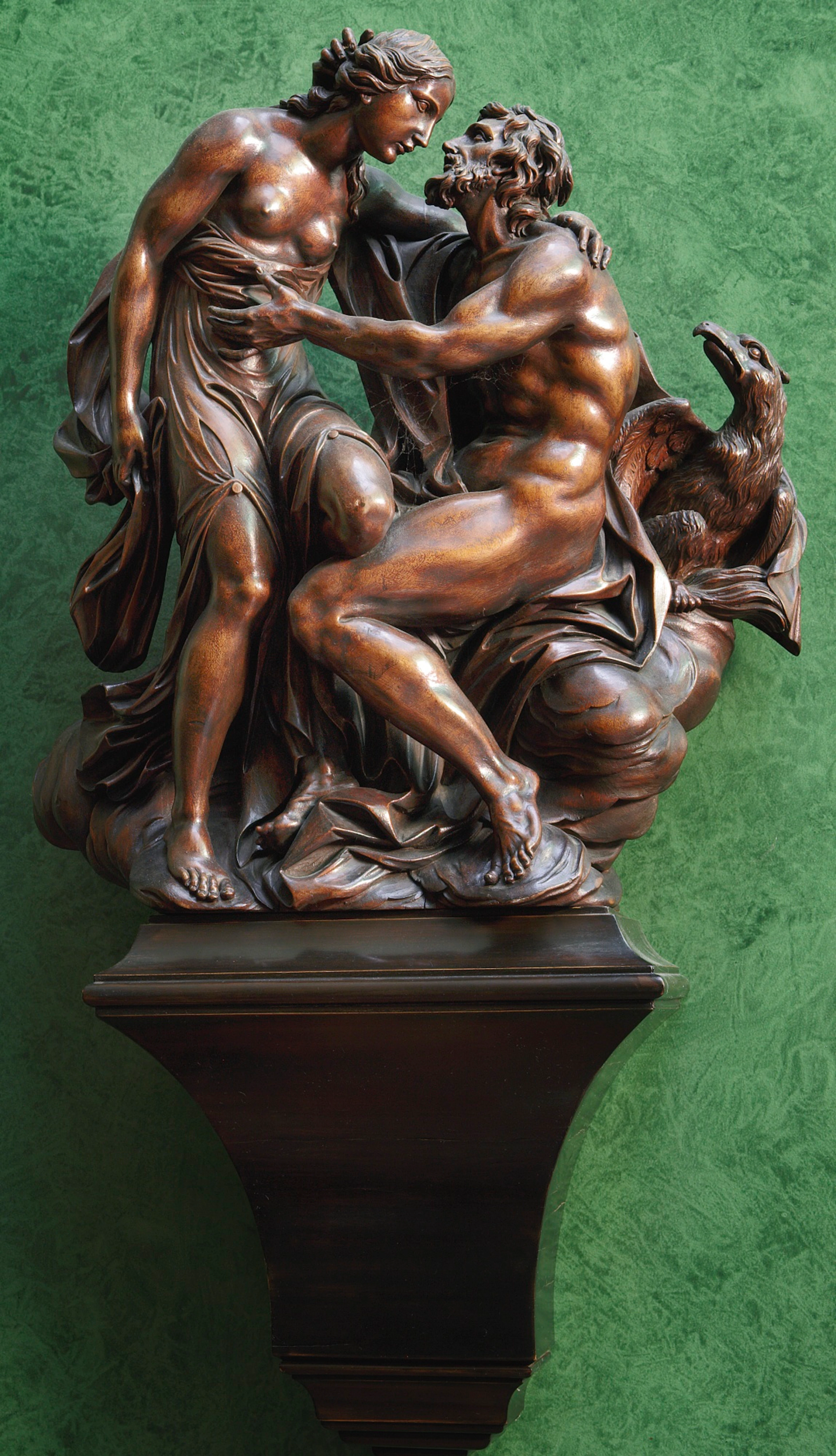 A NETHERLANDISH FRUITWOOD RELIEF OF JUPITER AND JUNO 17TH CENTURY