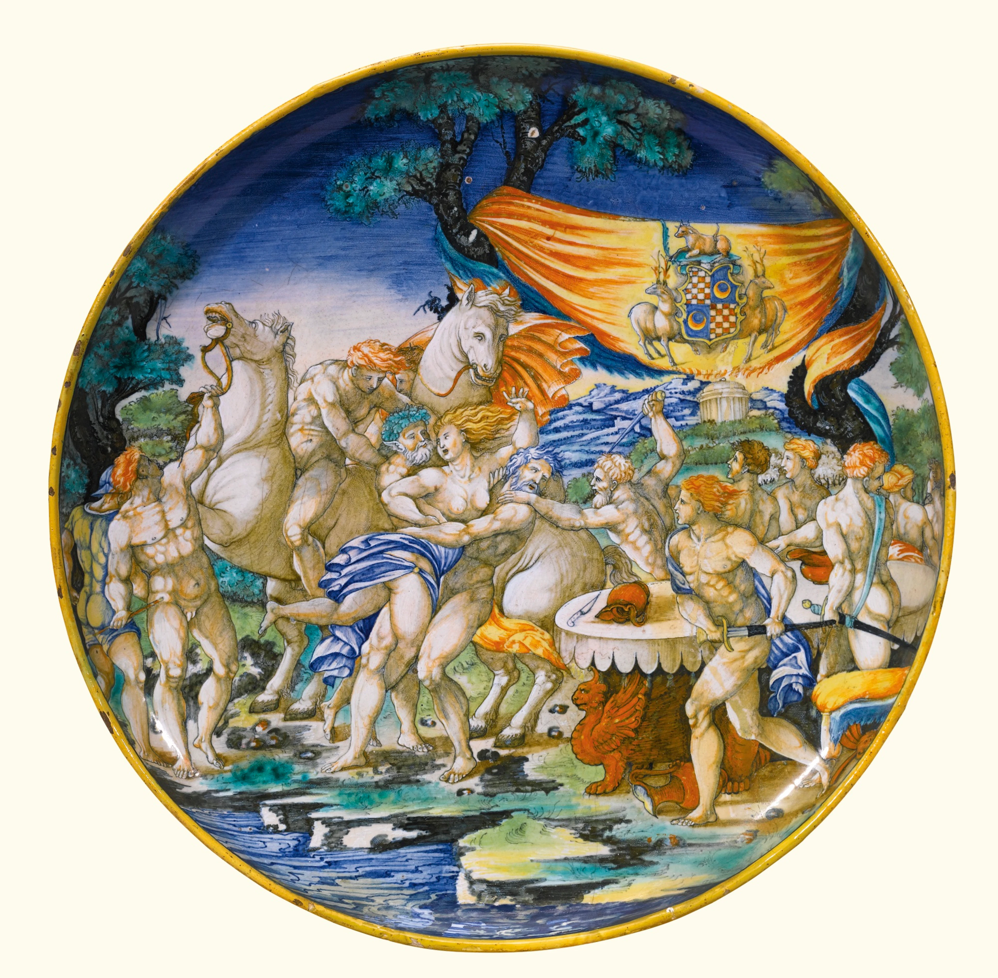 A large maiolica footed dish, attributed to the 'painter of the apollo