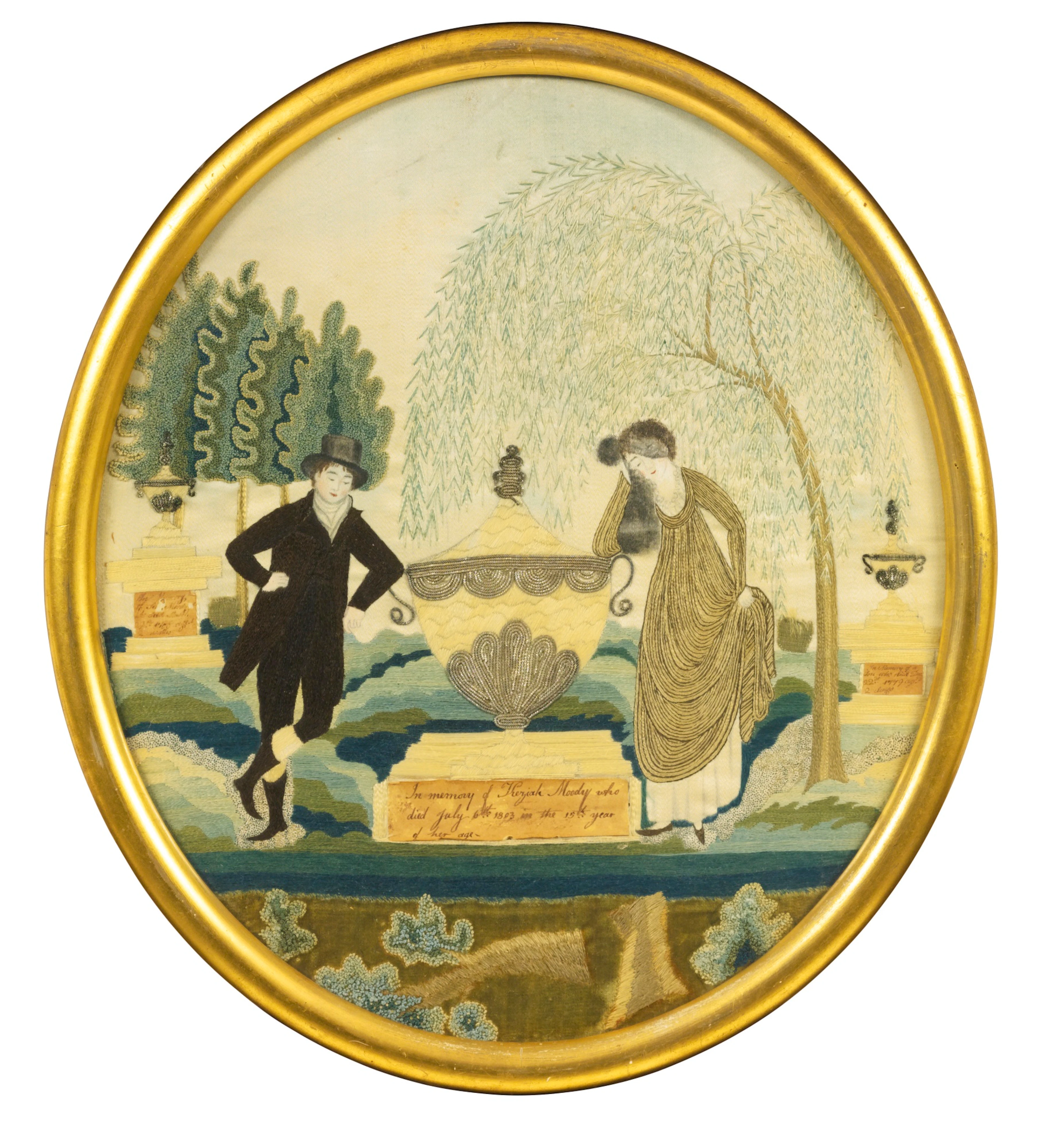 Fine and rare silk embroidered mourning picture: in memory of heziah