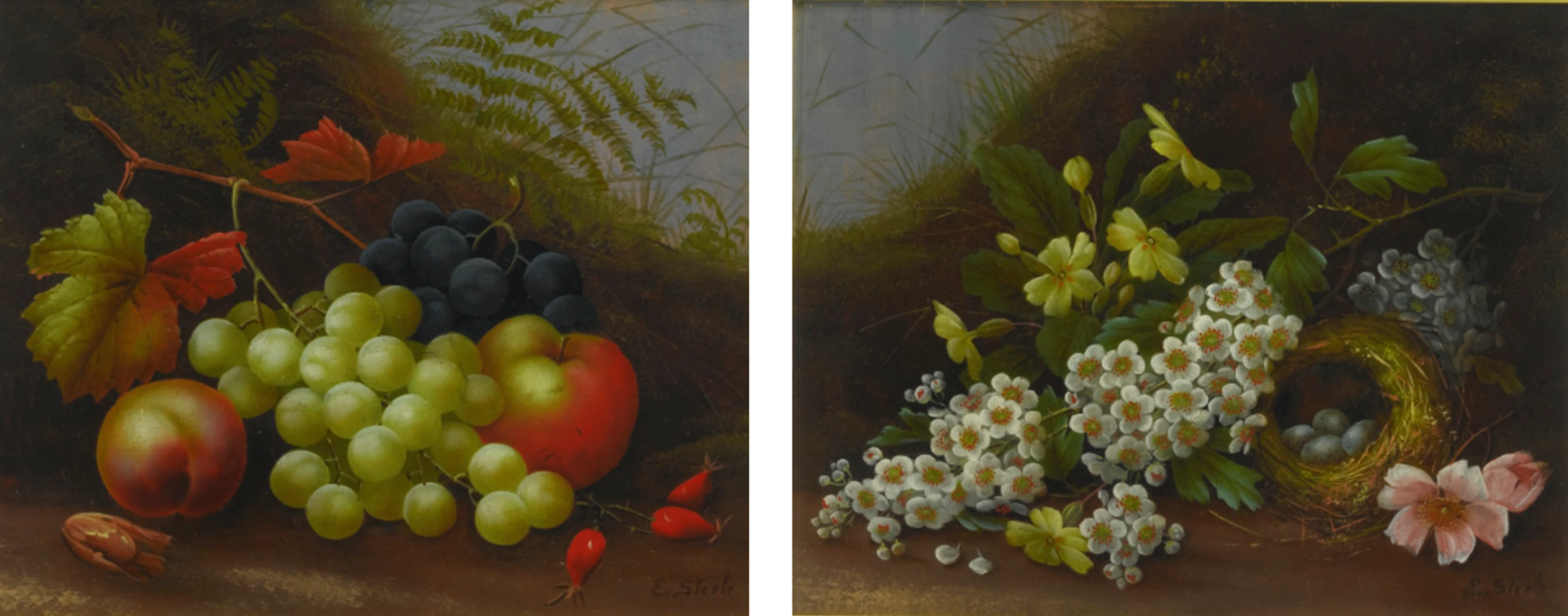 Still Life of Apples and Grapes on a Mossy Bank; Still Life with Flowers