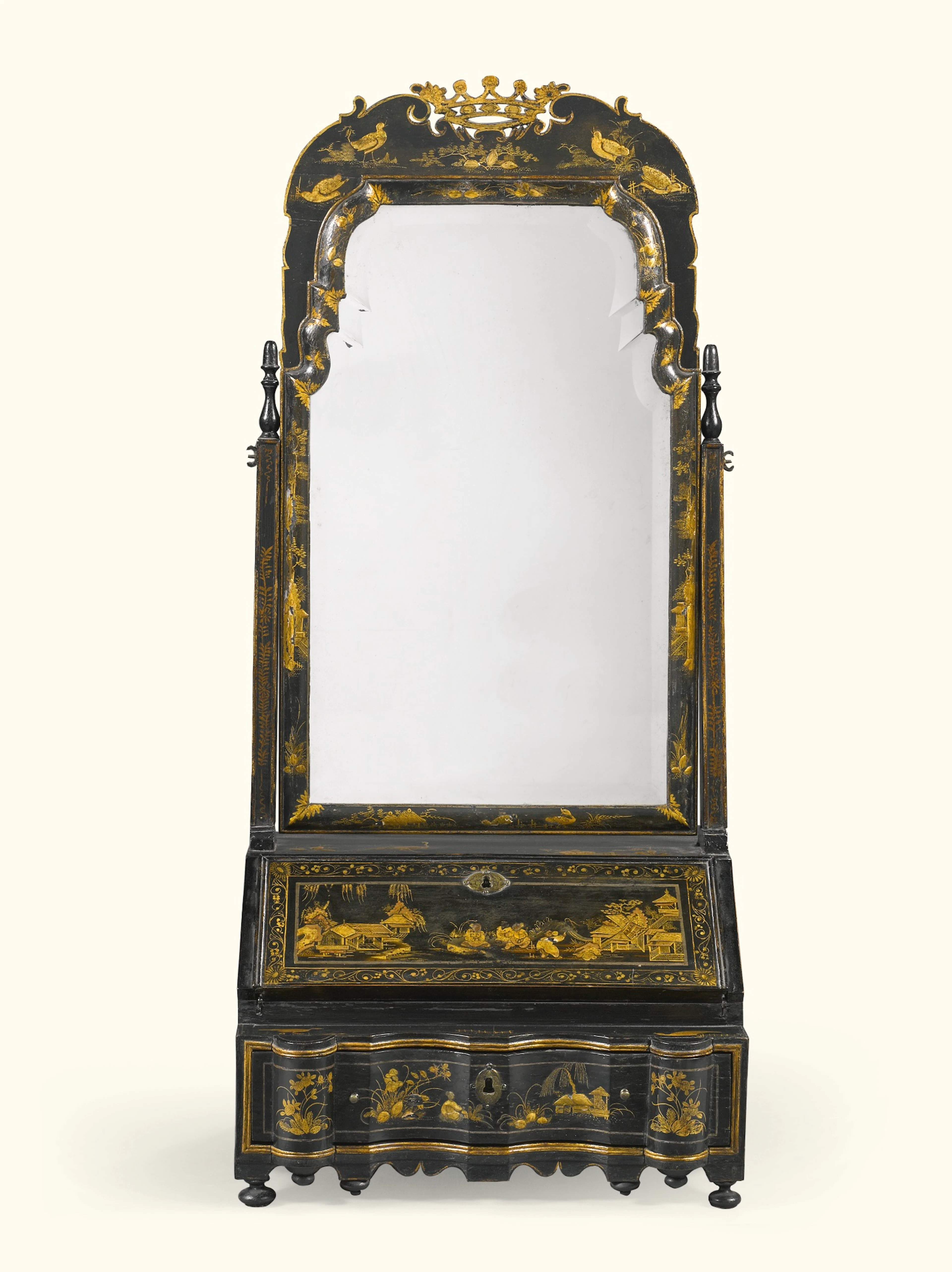 A queen anne gilt and black japanned toilet mirror, circa 1720