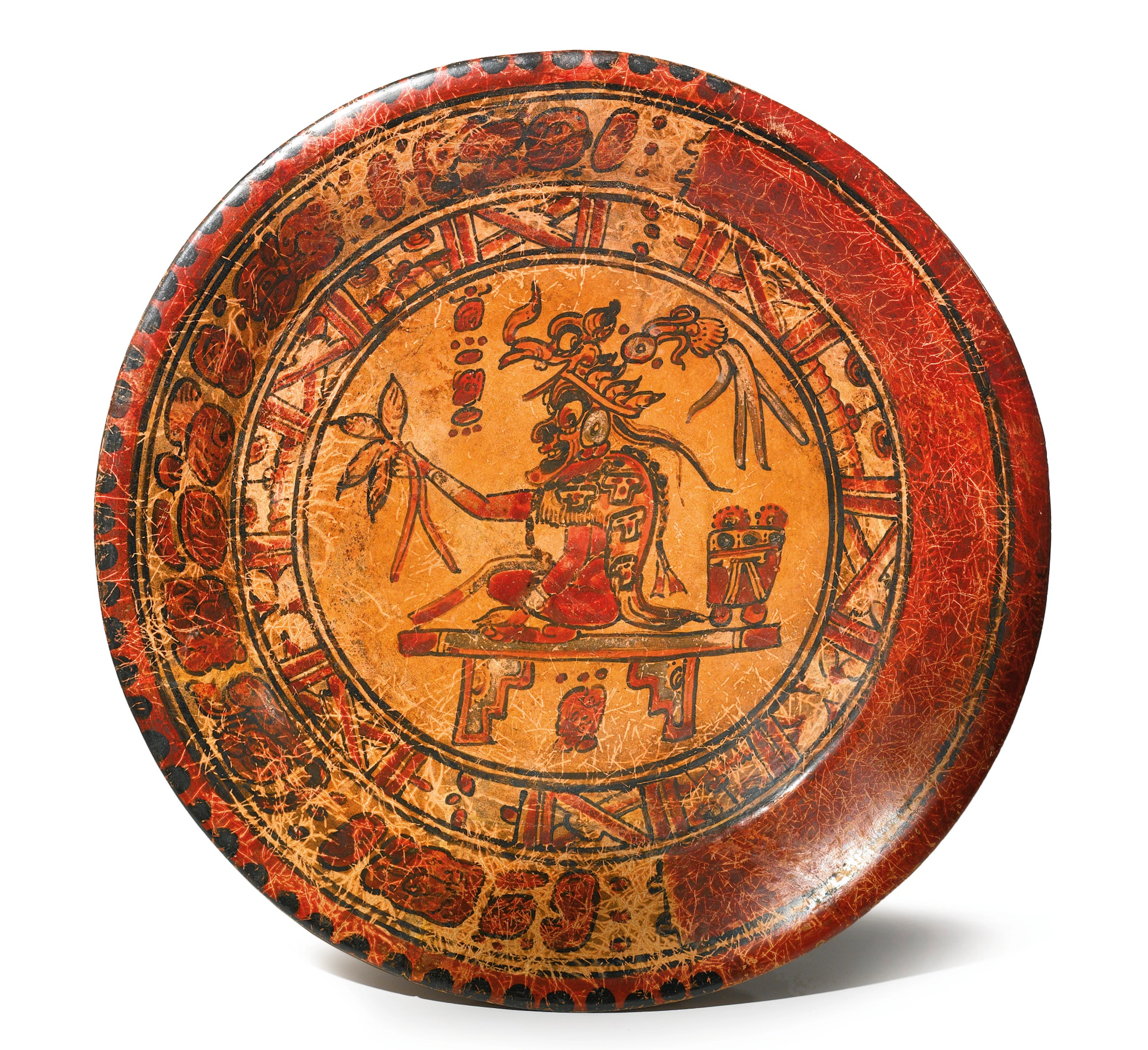 Large maya polychrome tripod plate late classic, ca. a.d. 550-950