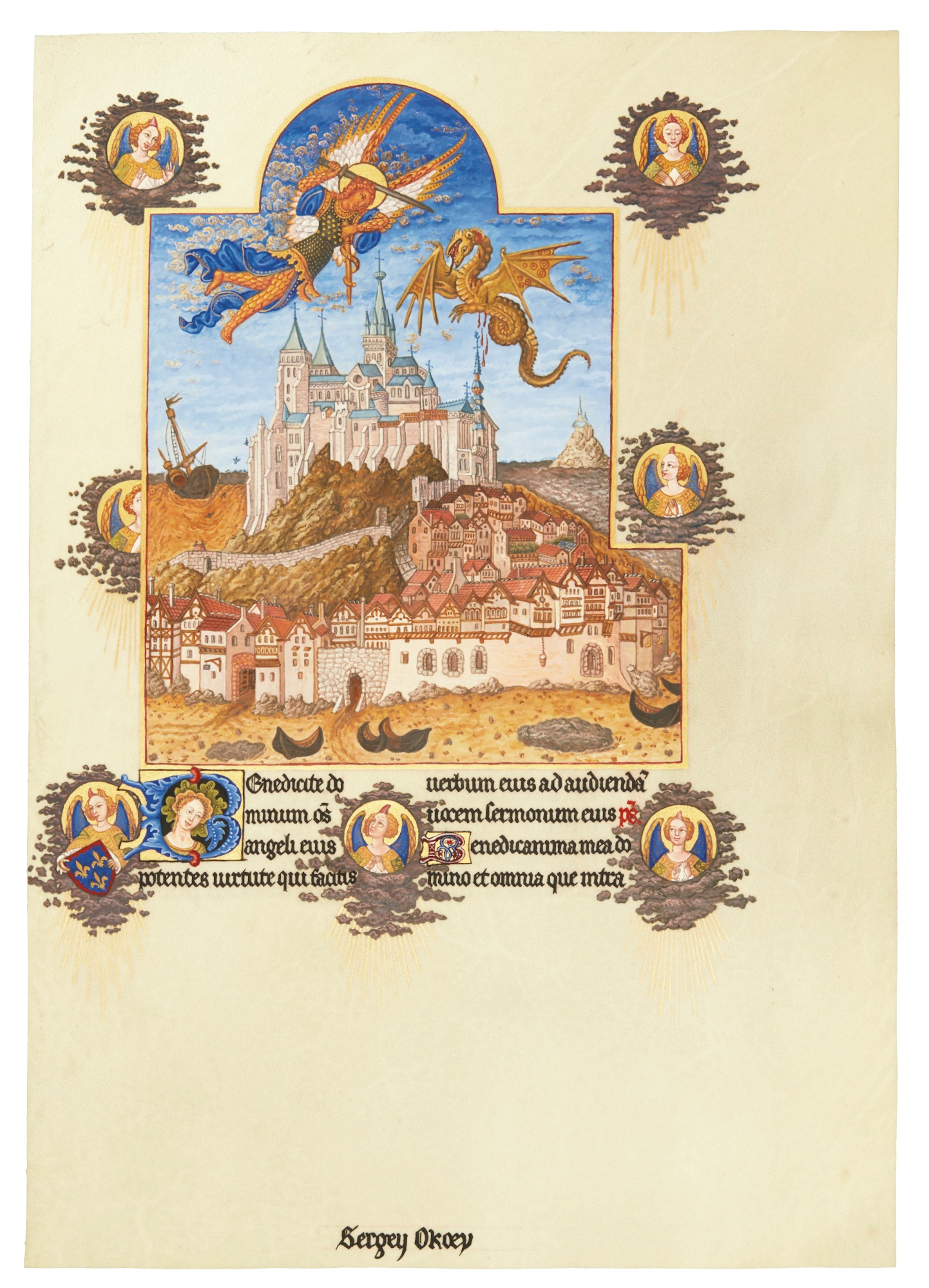 St michael and the dragon above mont saint-michel, miniature on a