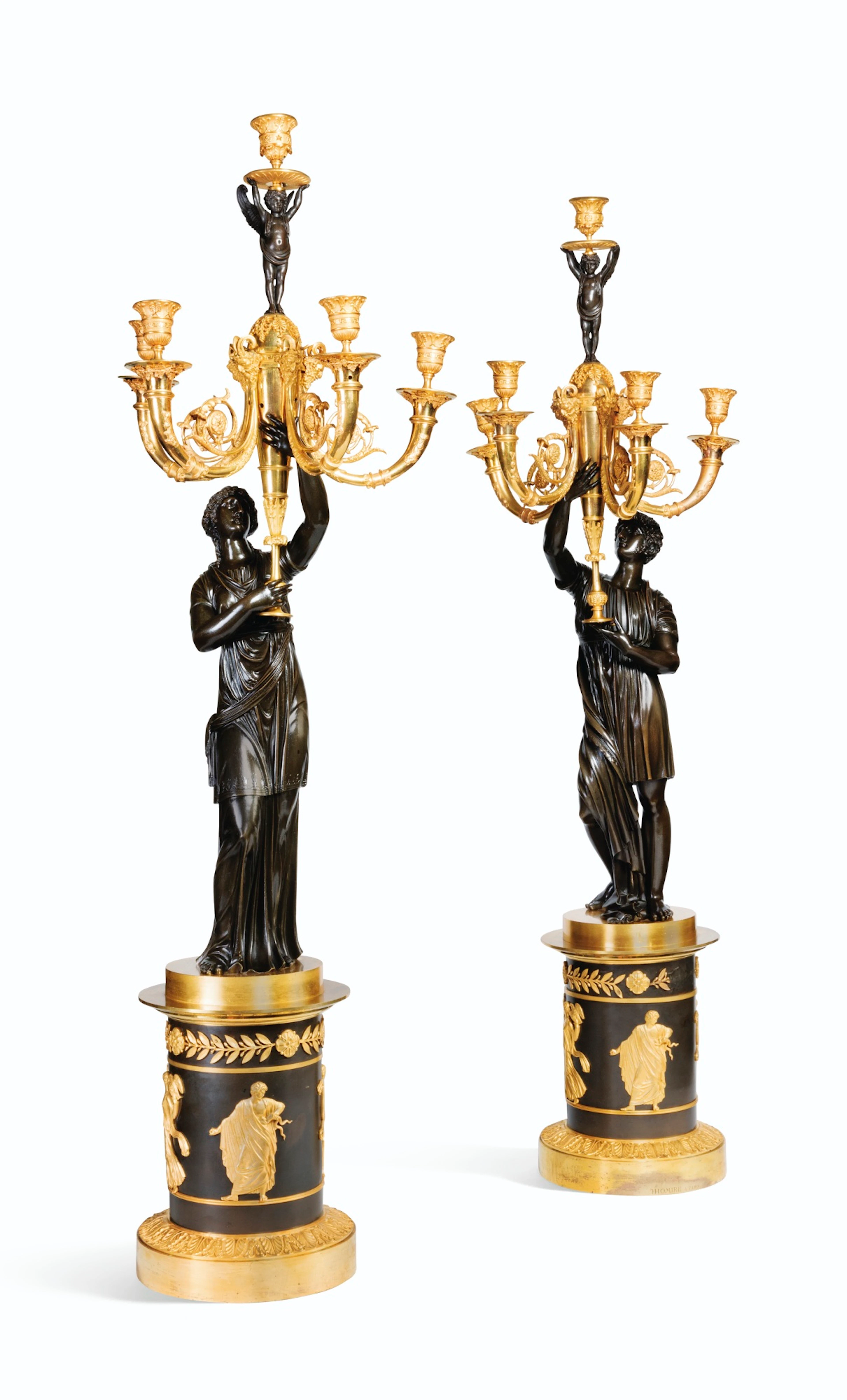 Paire de candélabres en bronze patiné et doré  d'époque consulat