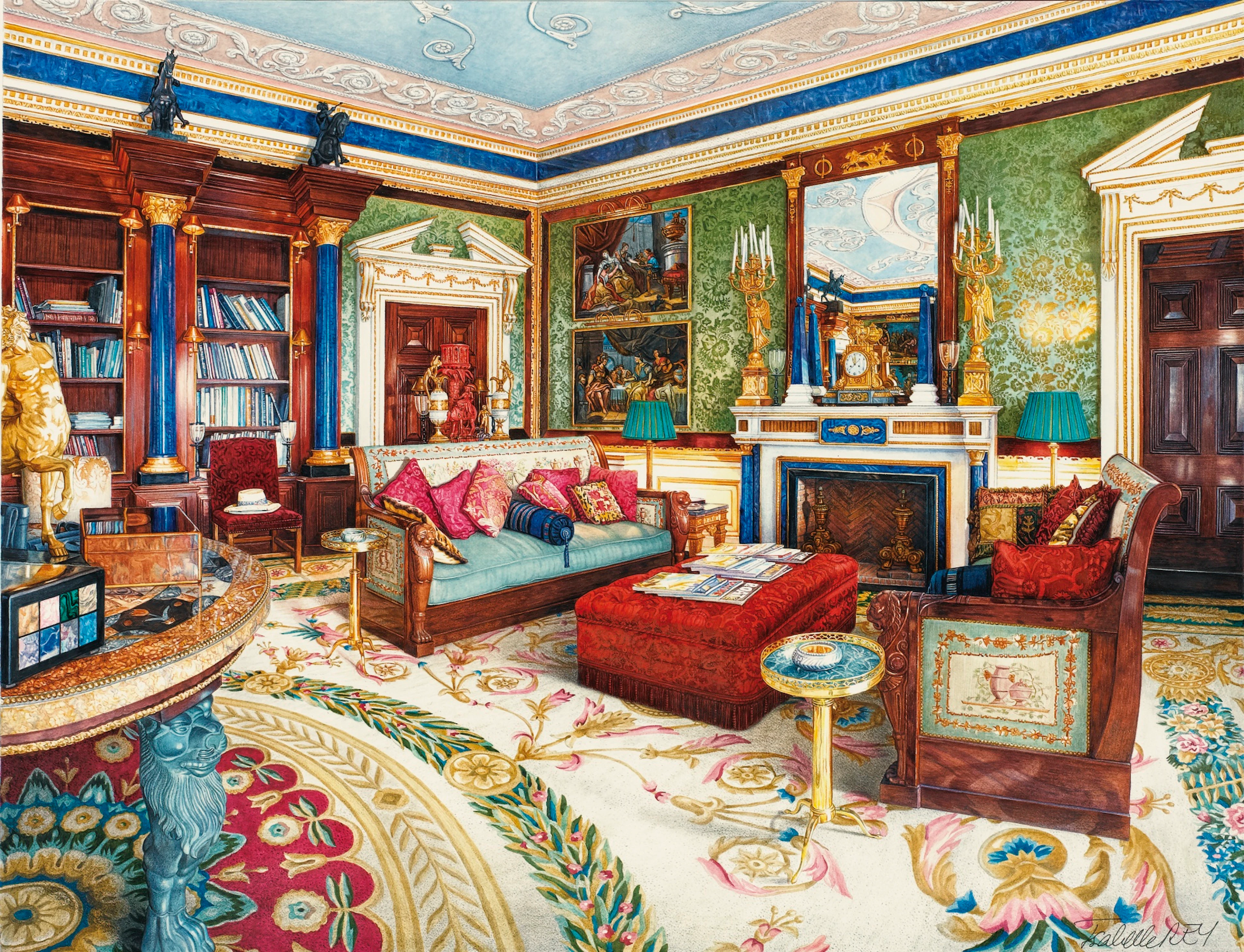 Le salon-bibliothèque, château Balsan