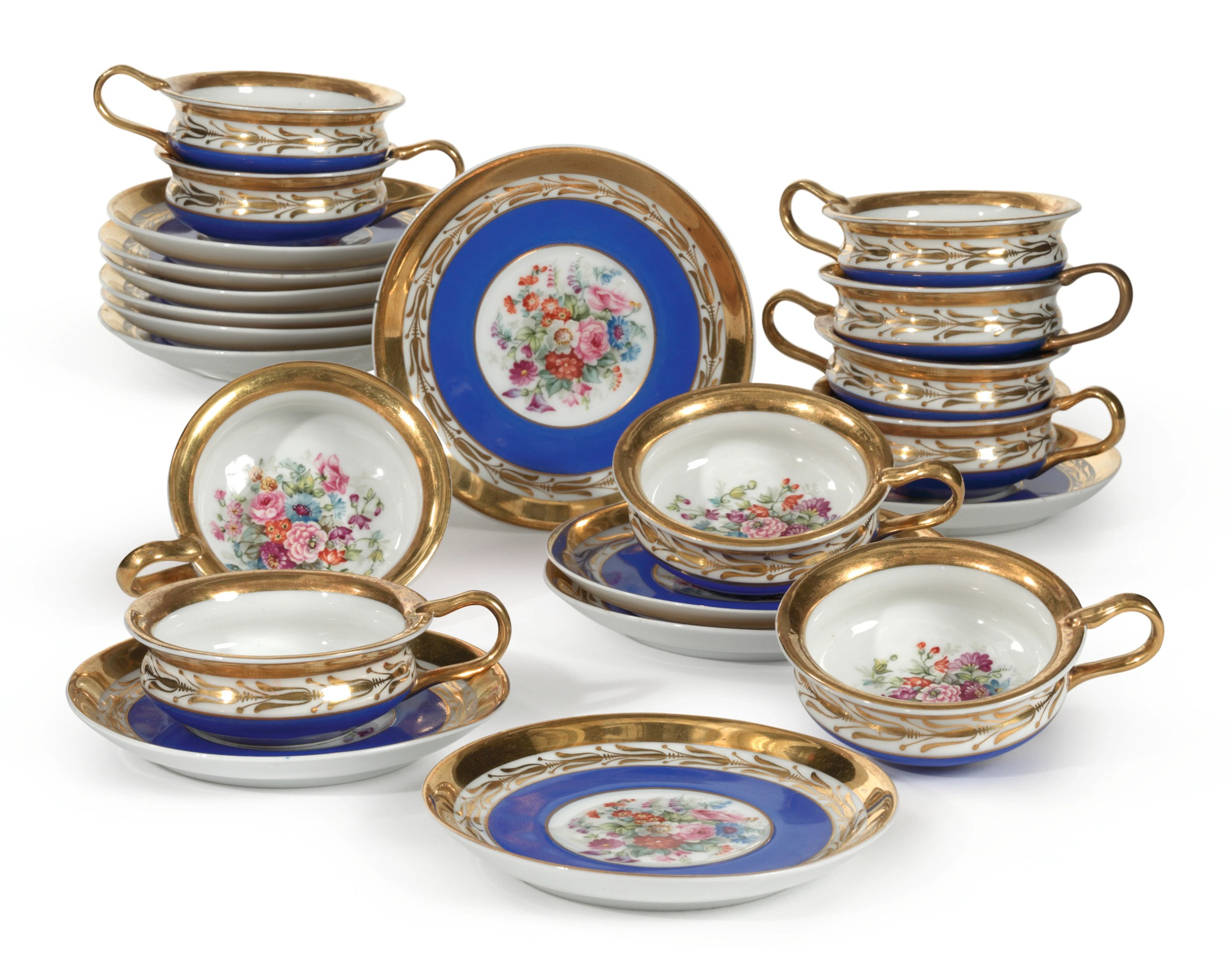 A set of twelve russian porcelain blue-ground teacups and saucers