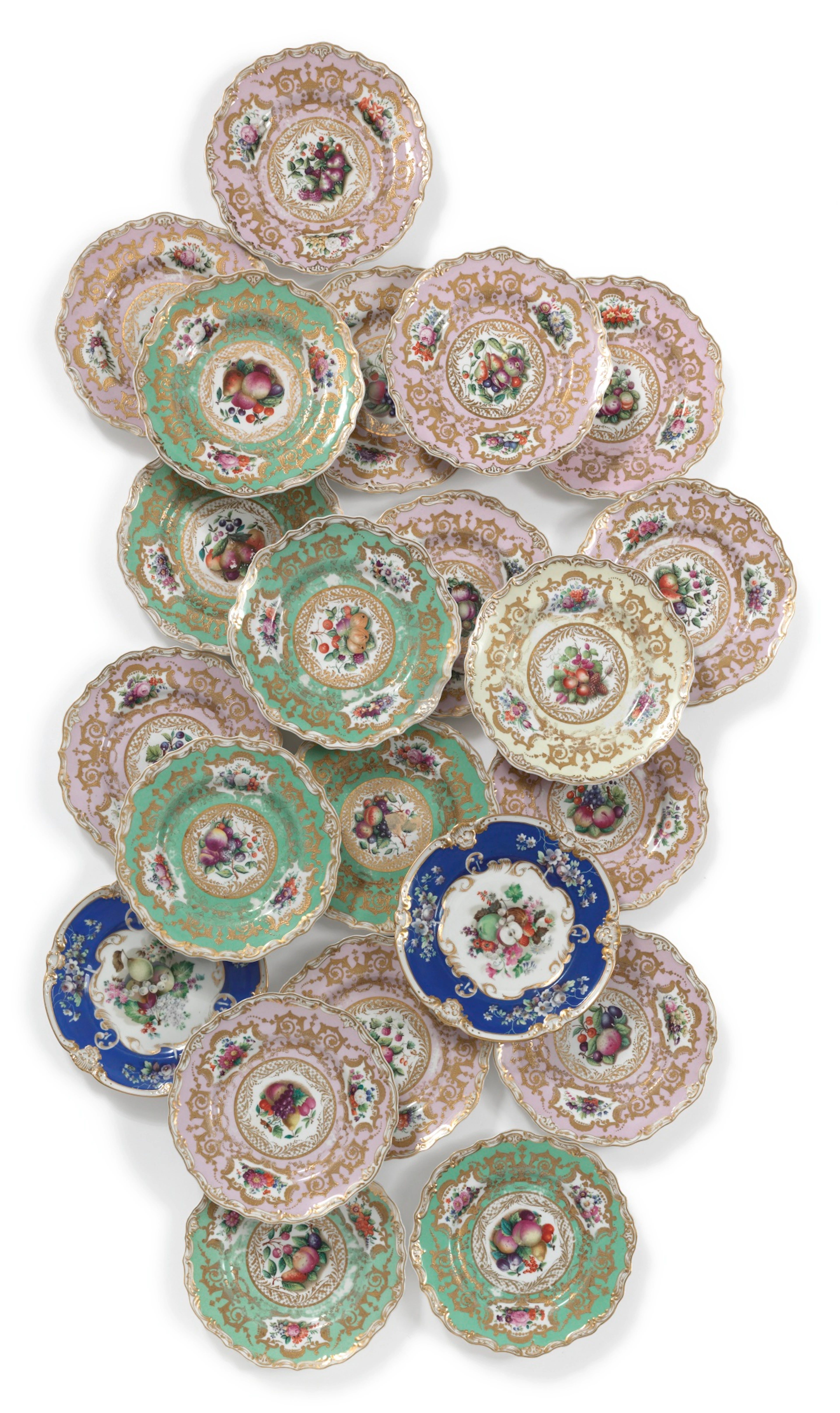 An assembled set of twenty-one russian porcelain cabinet plates imperial