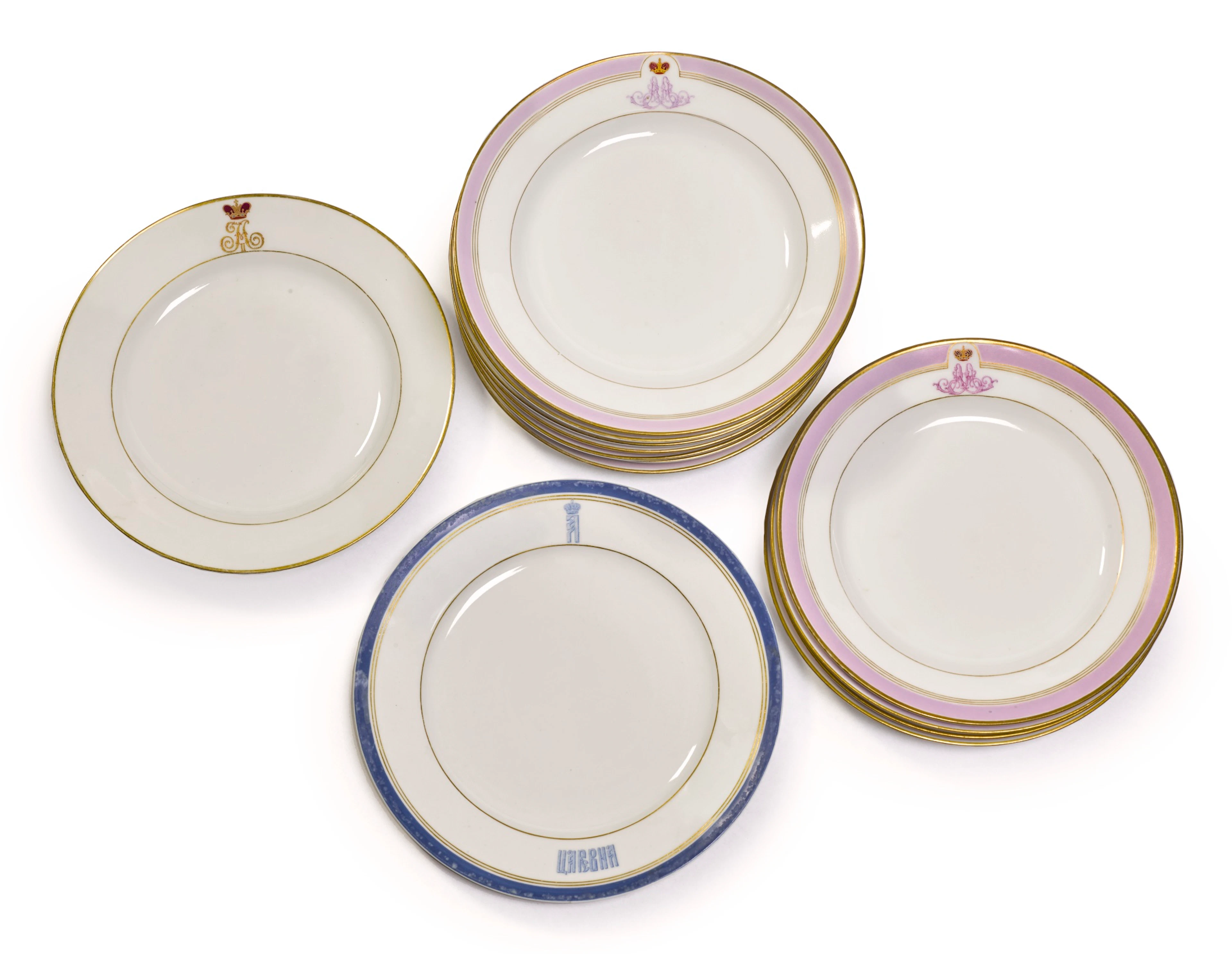 An assembled set of twelve russian porcelain plates from the grand