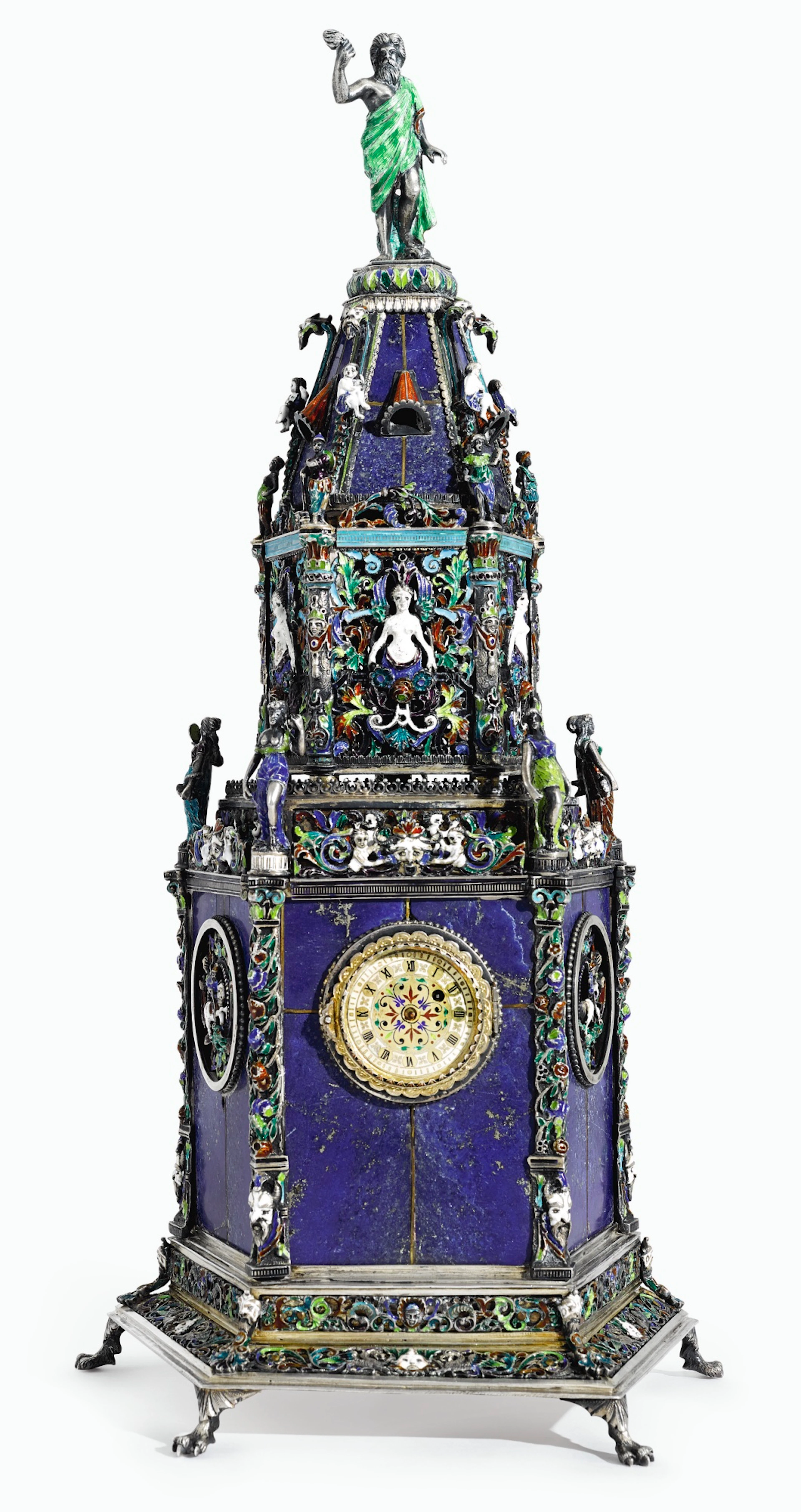 An austrian parcel-gilt silver, enamel and lapis lazuli pentagonal