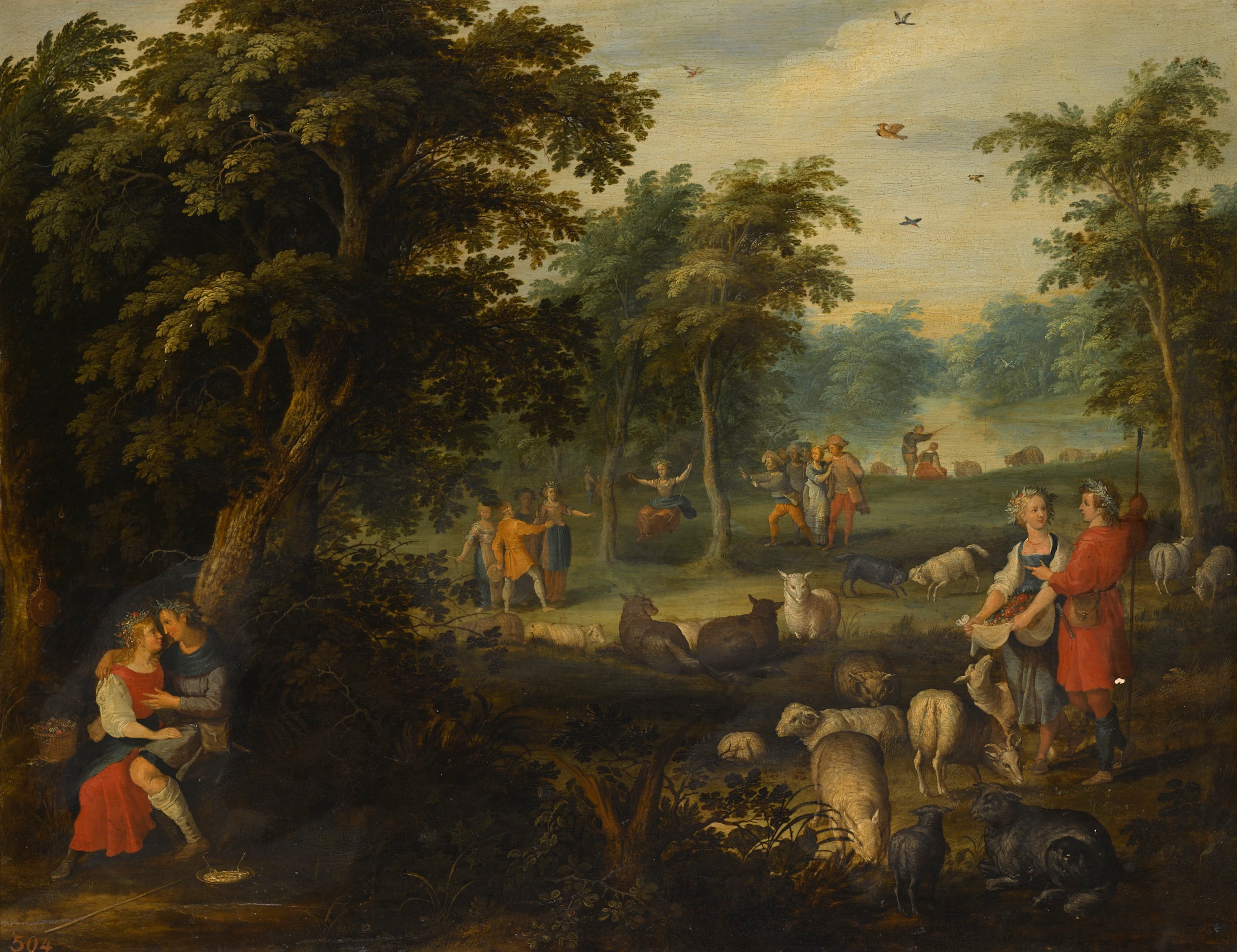An Arcadian landscape with courting shepherds and their flock