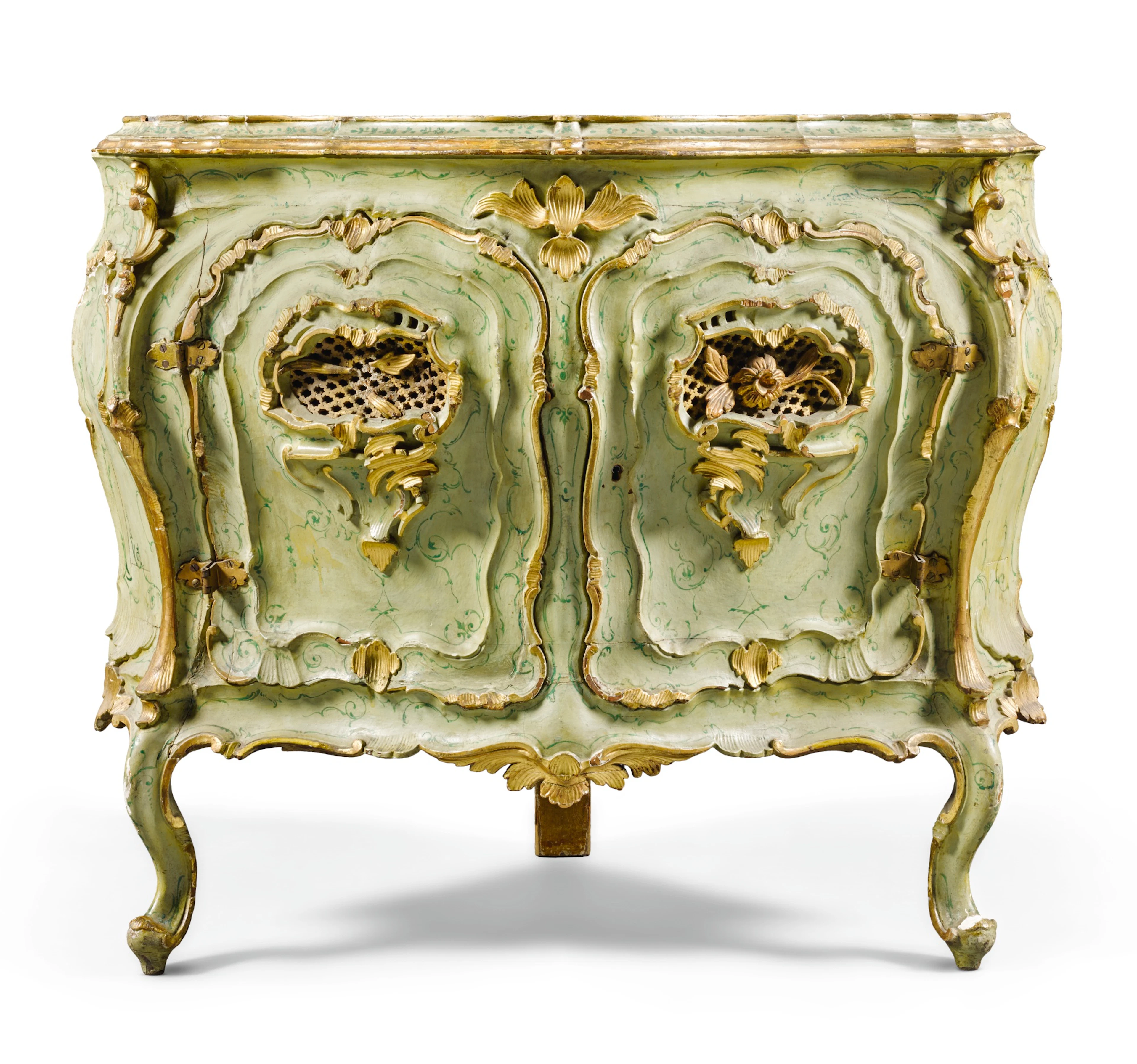 An italian rococo green lacca and parcel-gilt corner cabinet, venice
