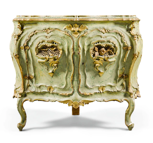 An italian rococo green lacca and parcel-gilt corner cabinet, venice