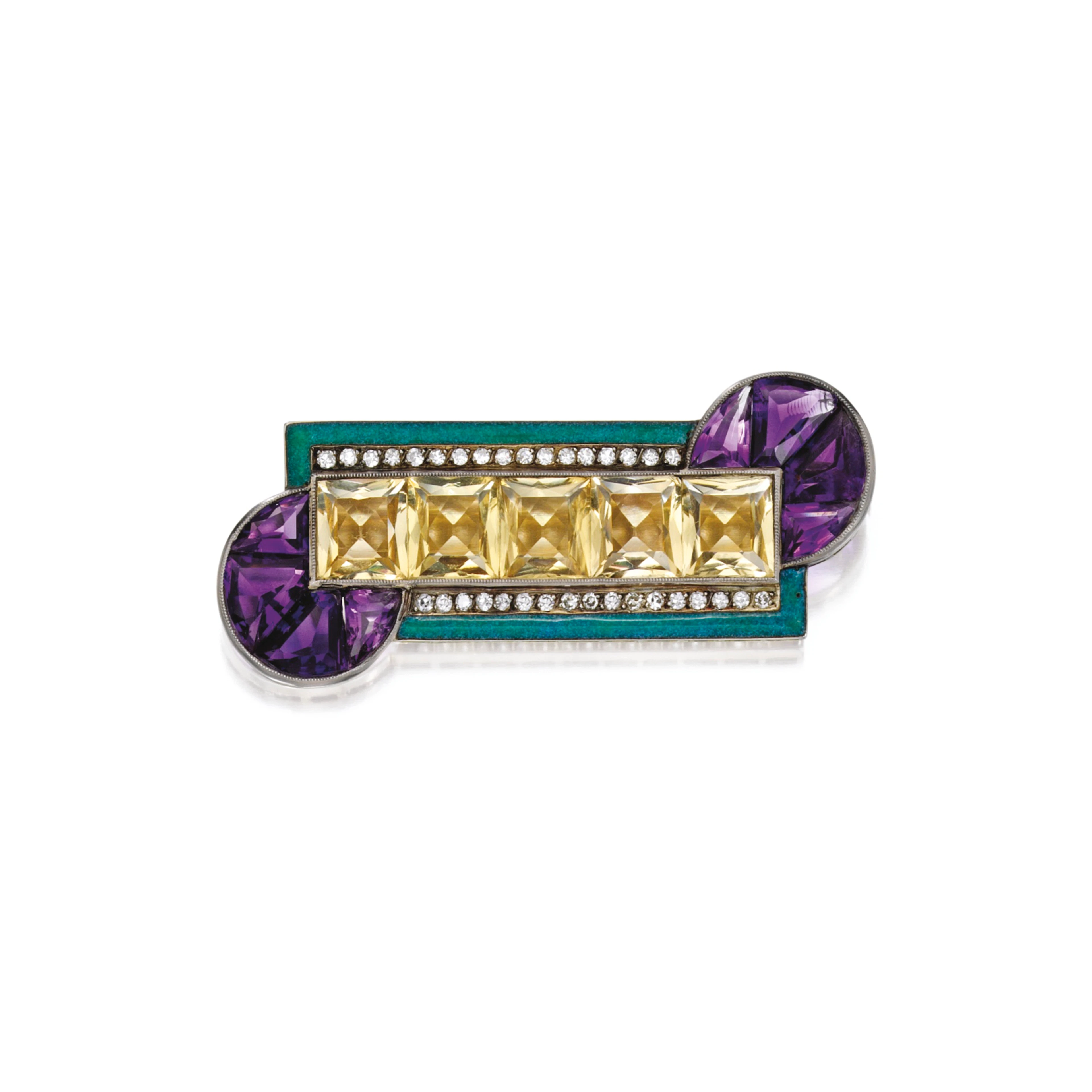 White gold, citrine, amethyst, diamond and enamel brooch, attributed