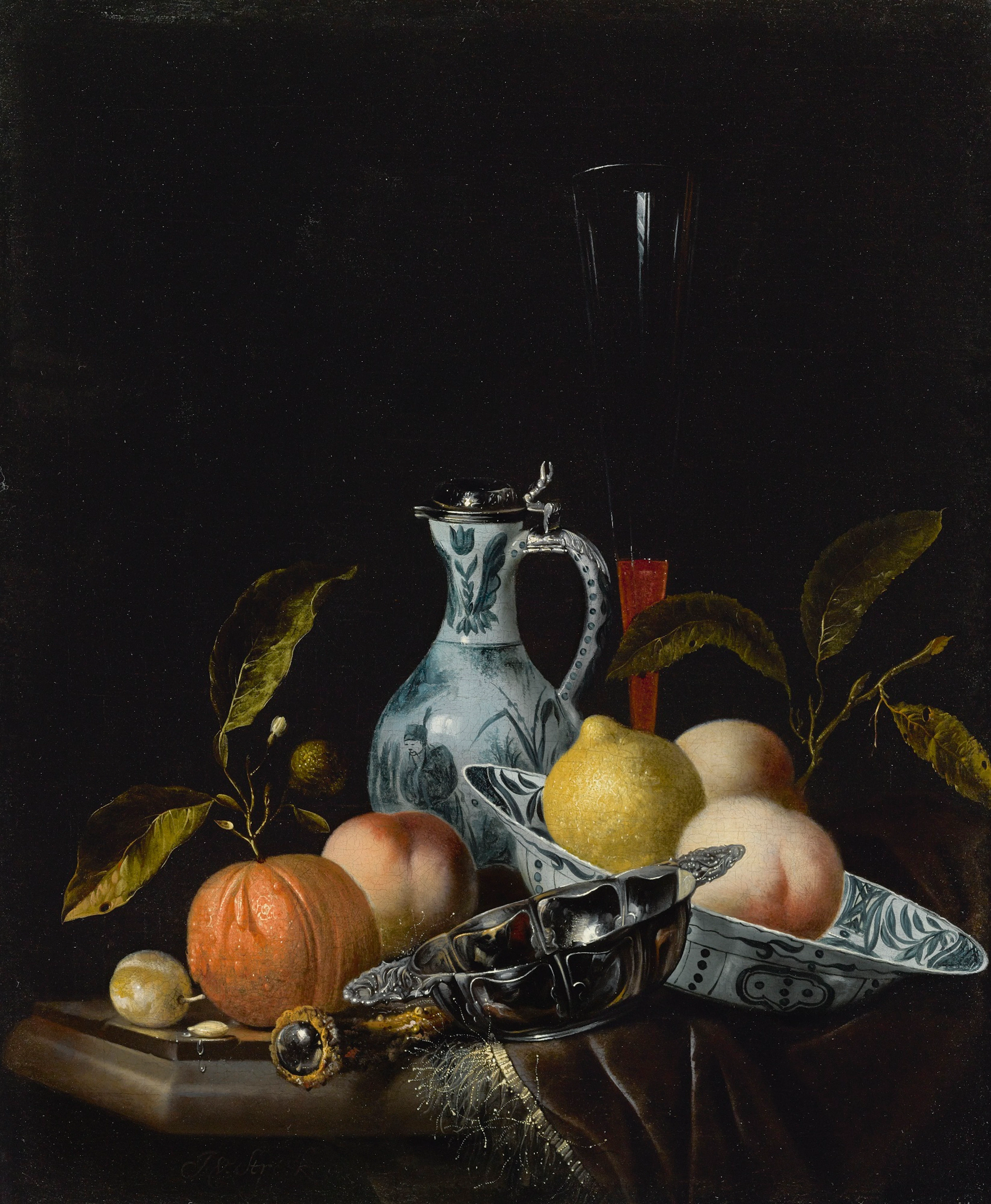 Still life with a Chinese blue and white porcelain bowl and ewer