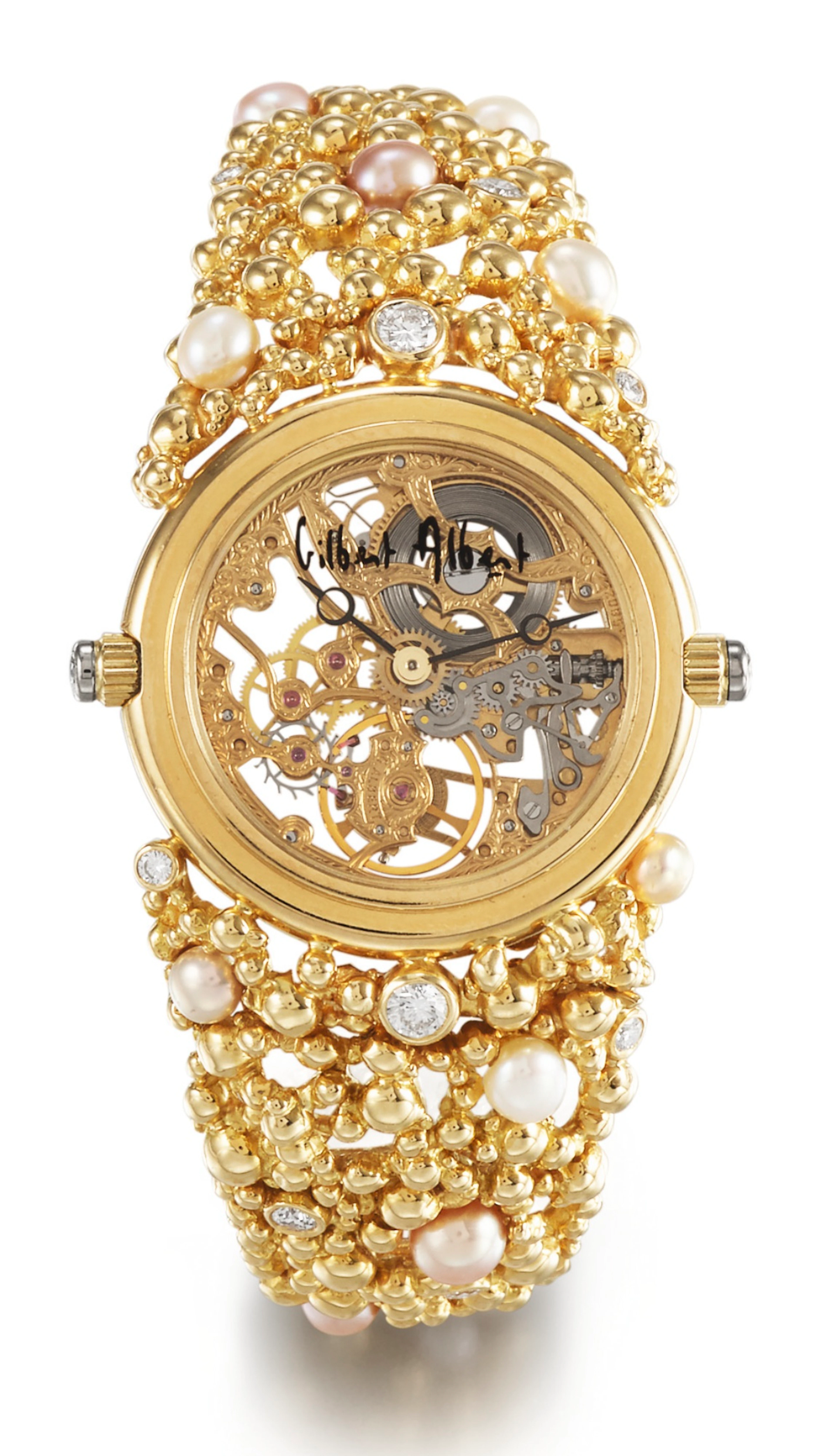 A lady's yellow gold, pearl and diamond-set skeletonised bracelet