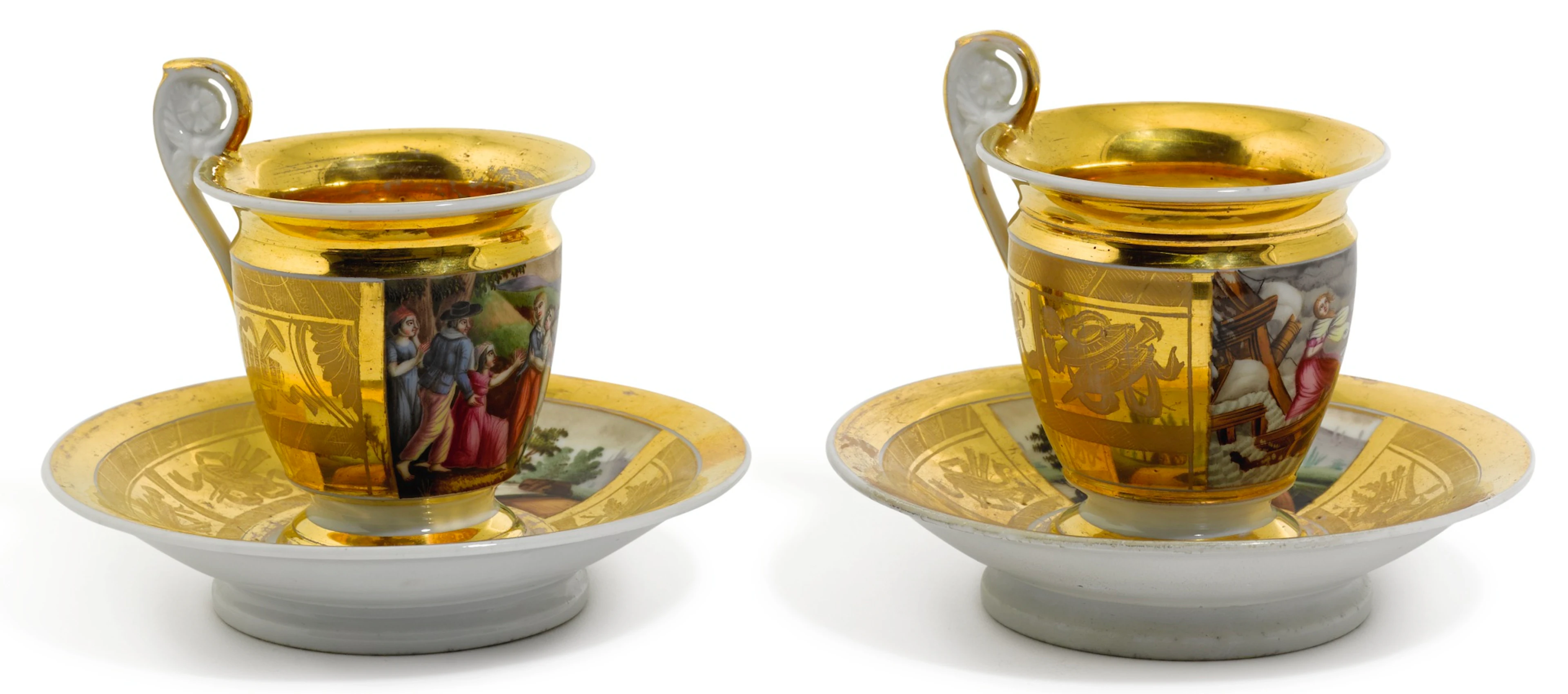 Paul et virginie: two porcelain cups and saucers, novii brothers manufactory