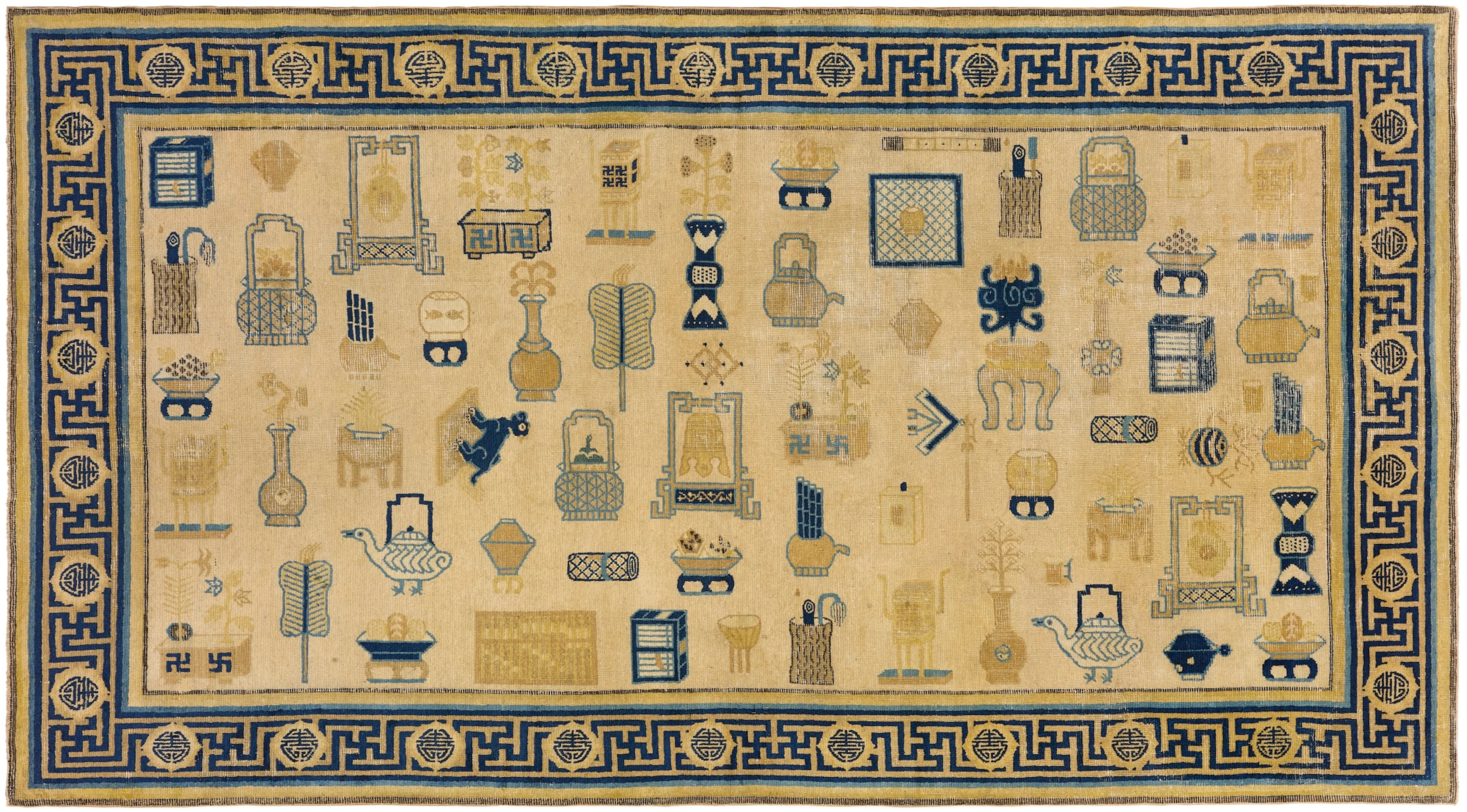 A RARE NINGXIA 'HUNDRED ANTIQUES' MEDITATION CARPET
NORTHWEST CHINA